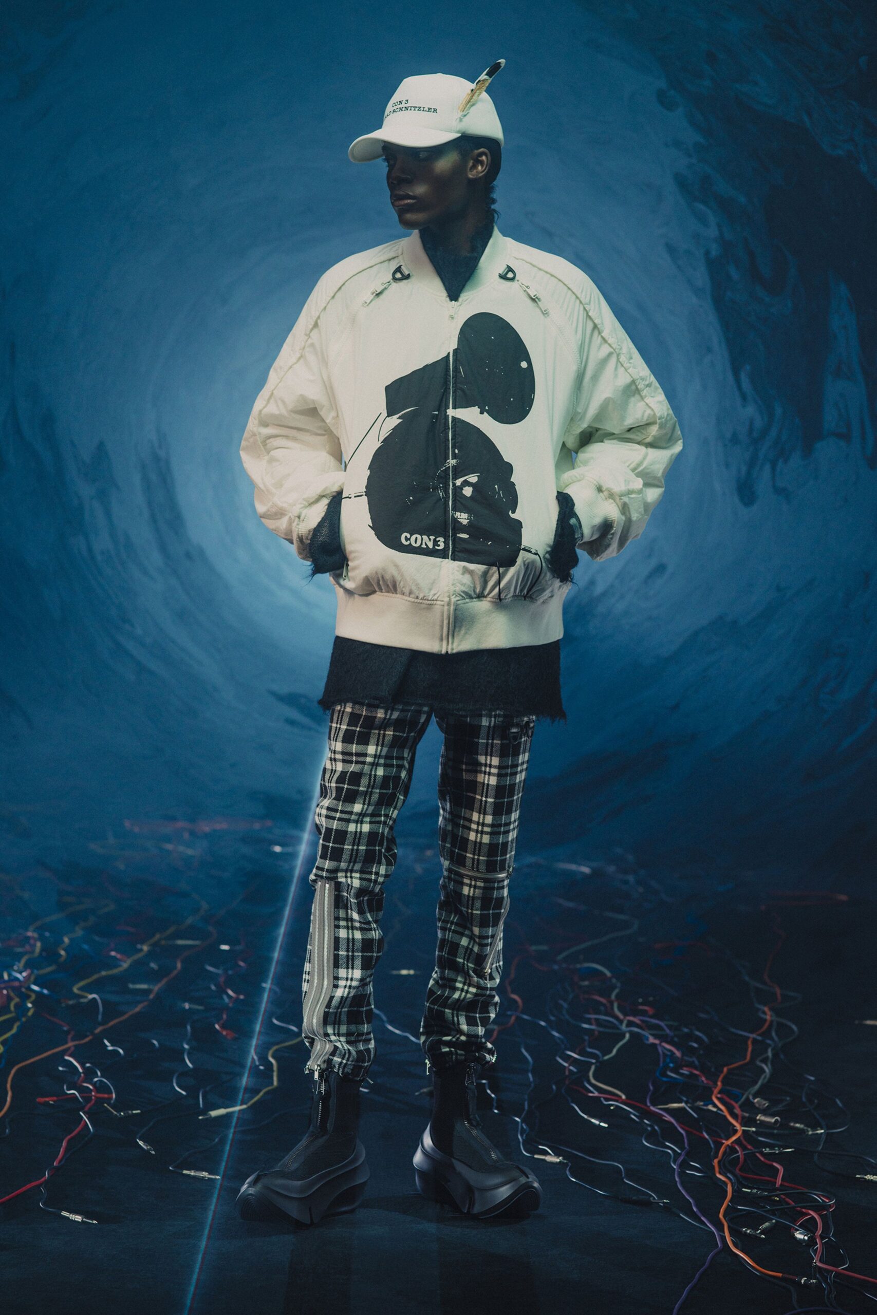 white cotton long-sleeve collared relaxed zippered printed jacket