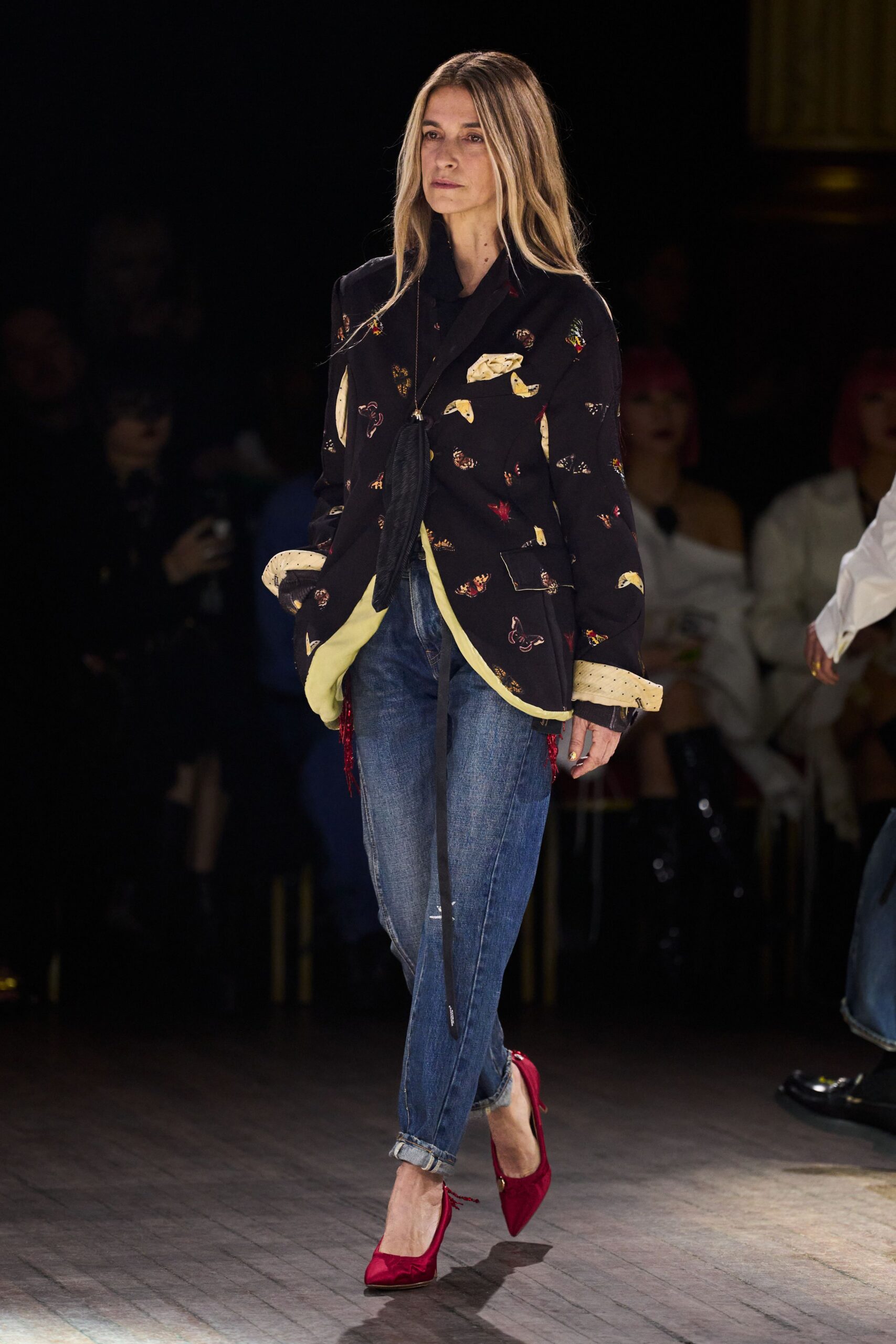 black embroidered blazer with jeans