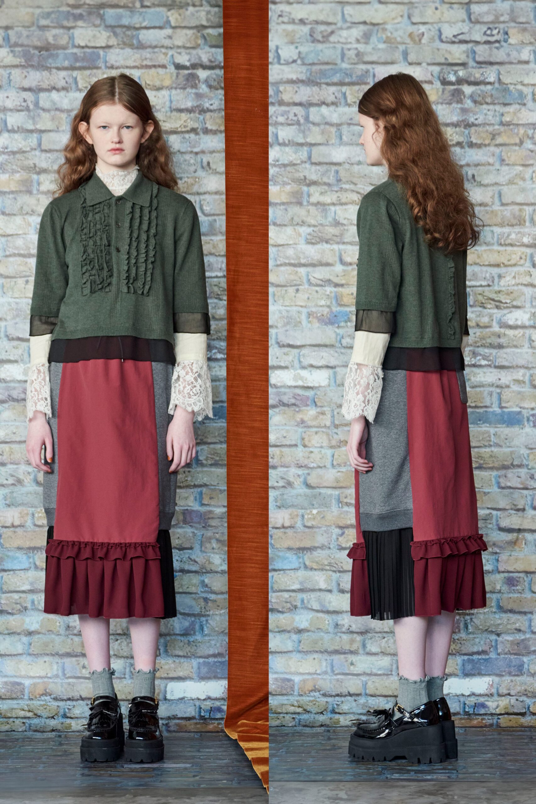 green cotton long-sleeve collared fitted pleated ruffled top