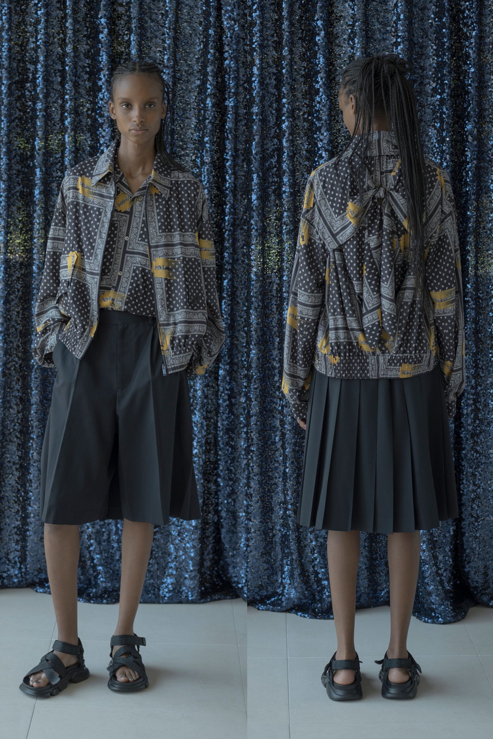 black printed jacket and skirt