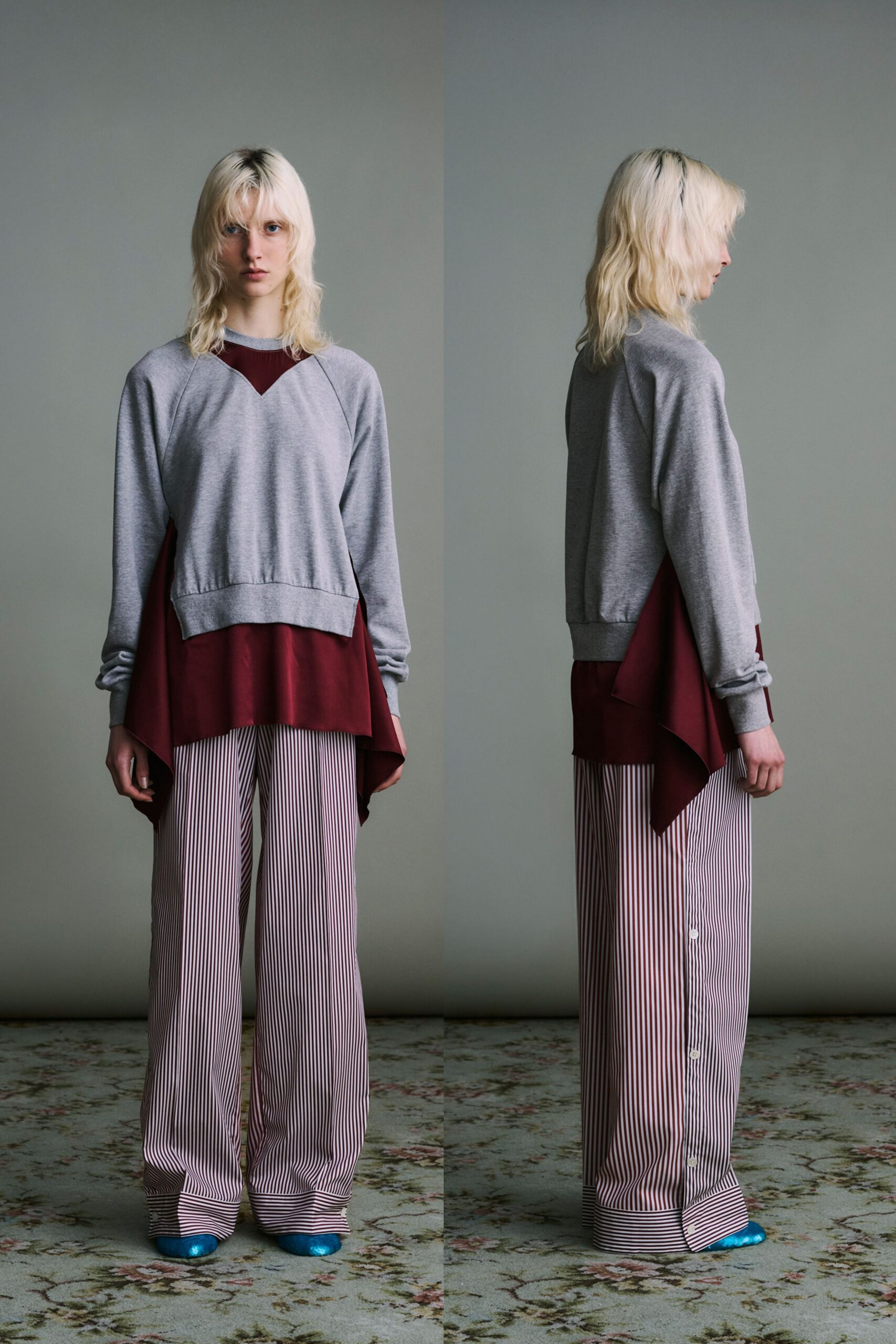 gray sweater red top striped pants blue shoes