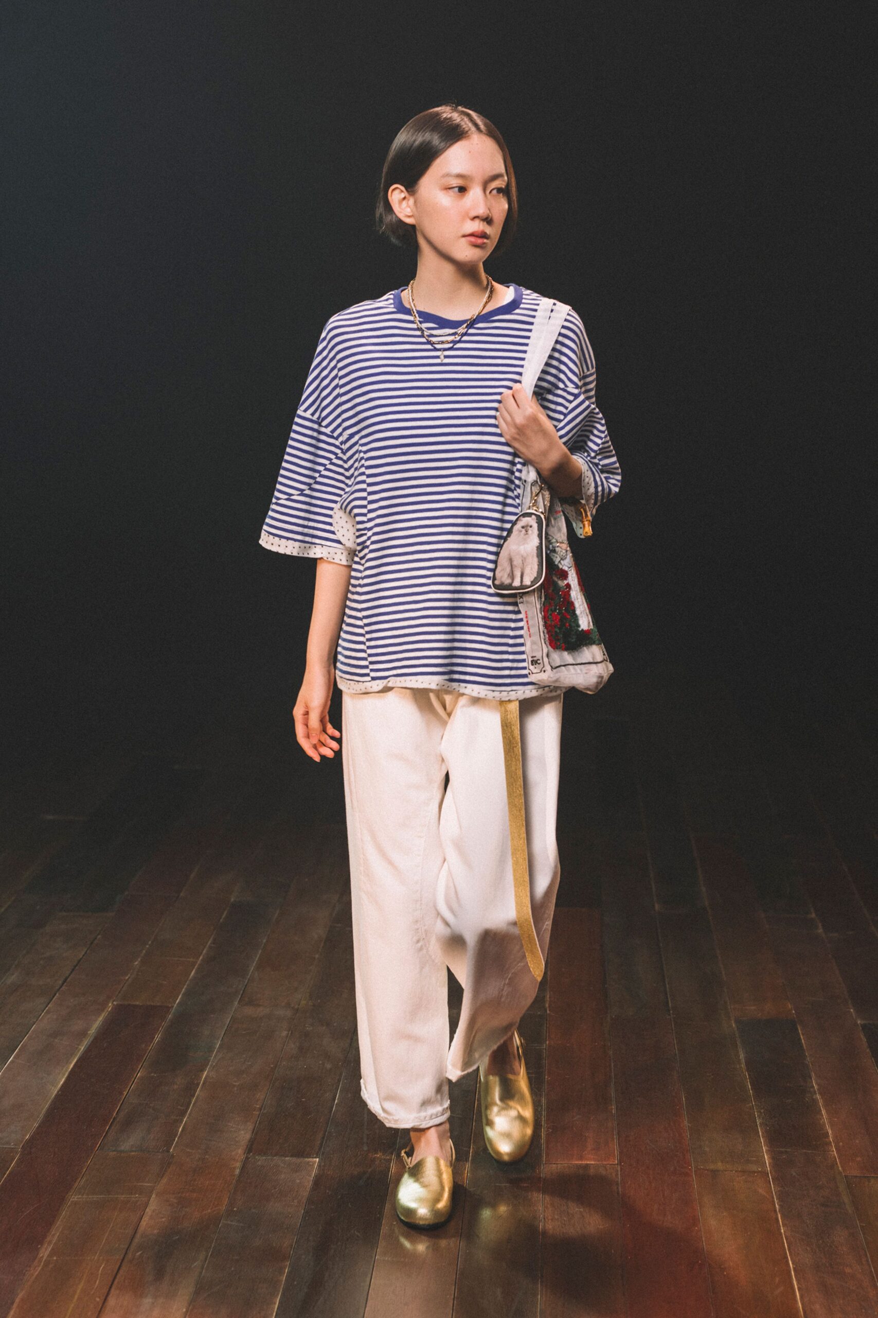 striped top with relaxed pants