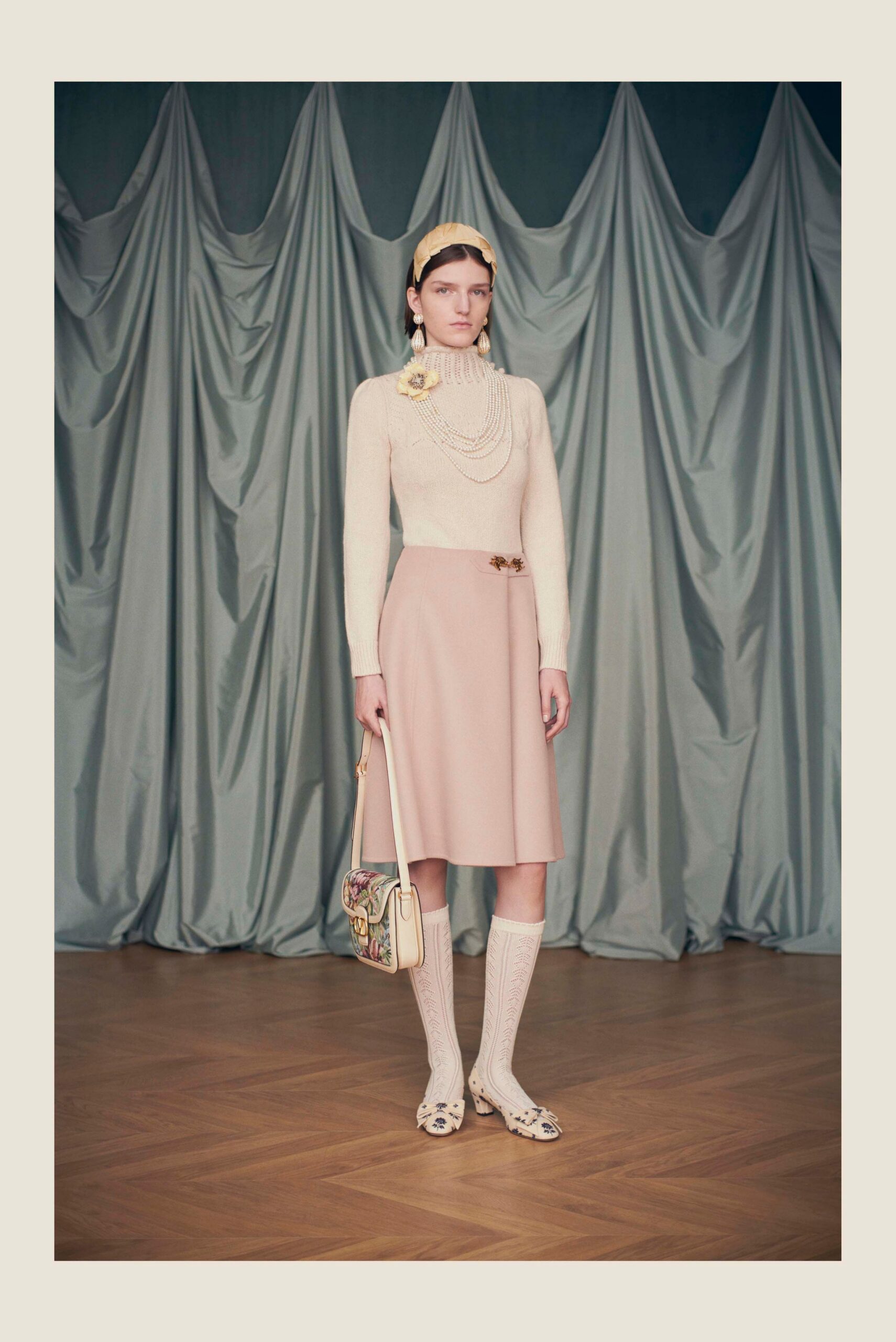 ivory sweater pink midi skirt
