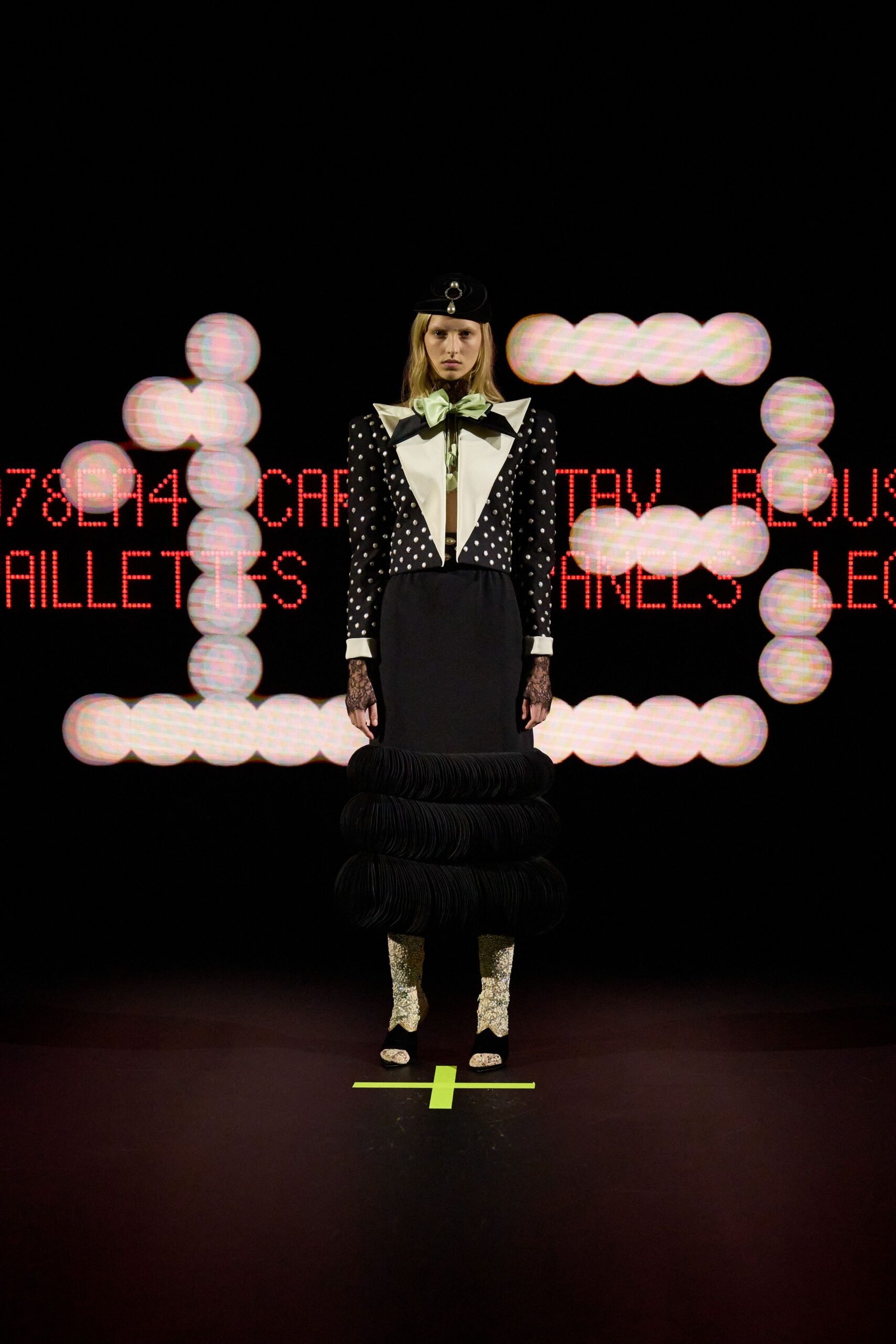 black cotton long-sleeve collared fitted polka-dot ruffled dress