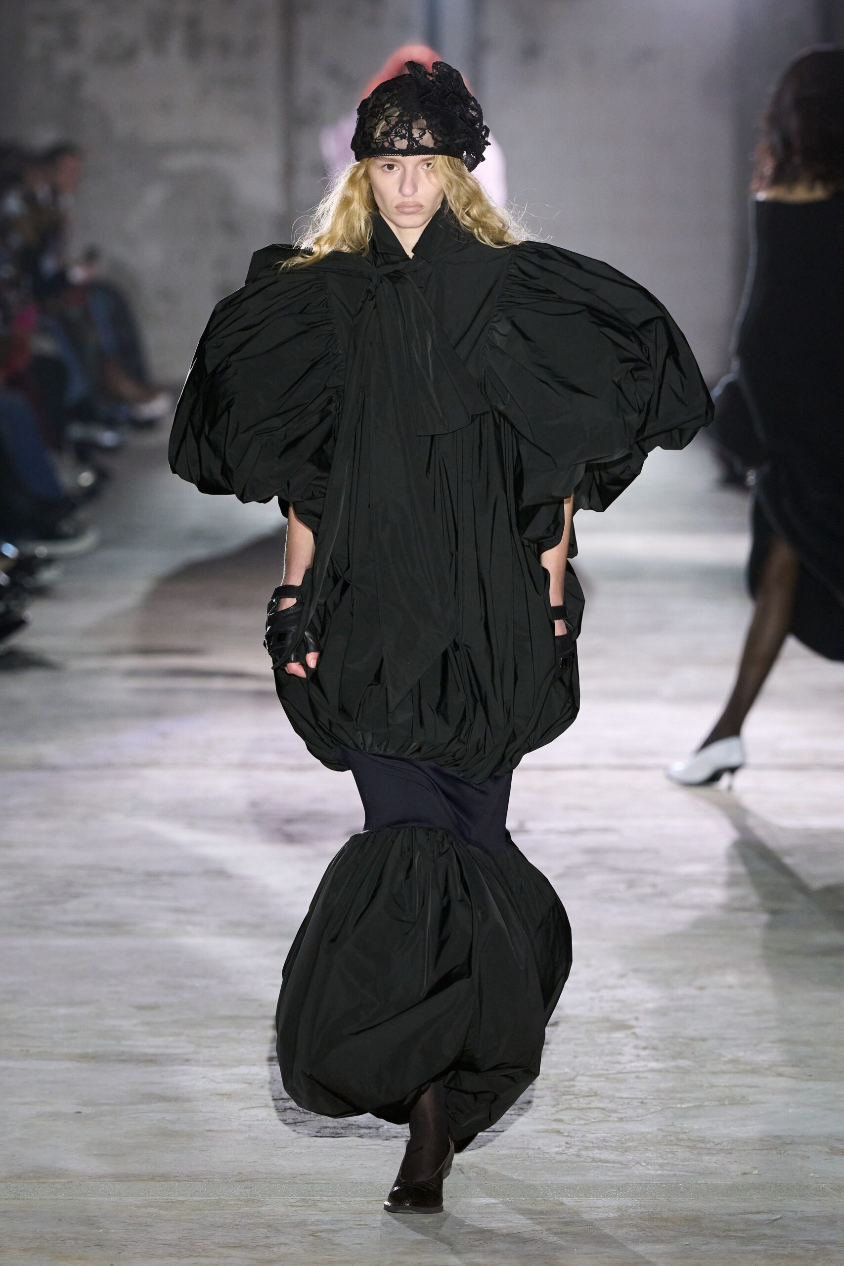 black cotton long-sleeve high-neck oversized pleated draped dress