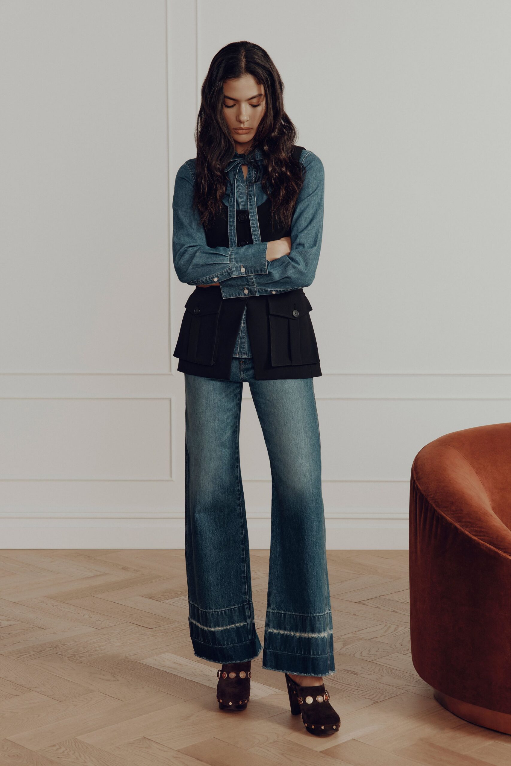 blue denim fitted high-waisted flared pants