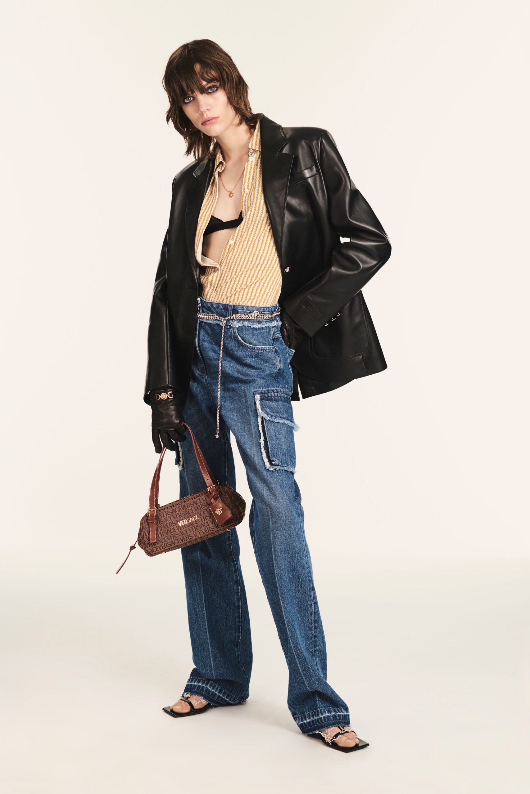 black leather long-sleeve collared oversized blazer