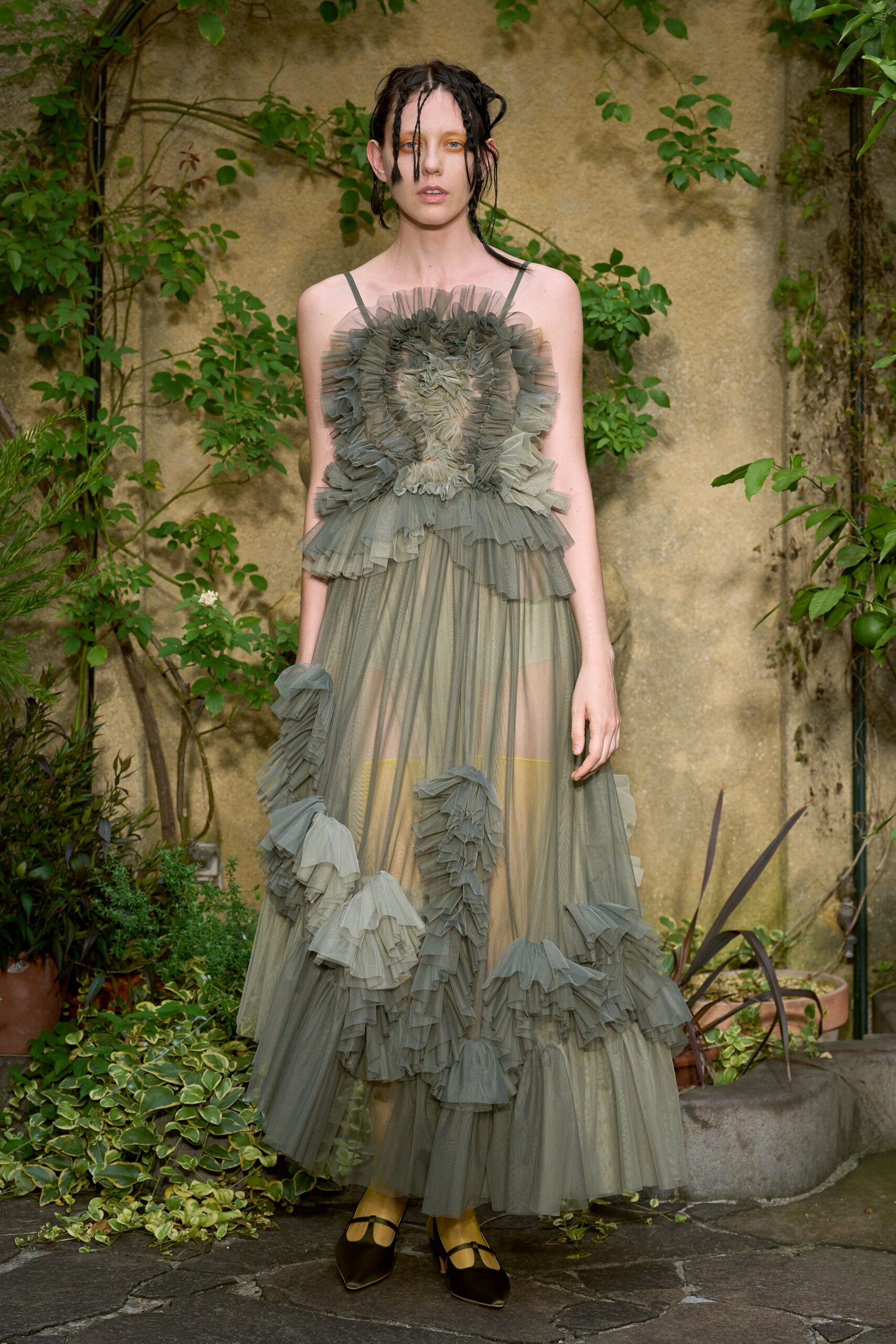 green tulle sleeveless v-neck fitted ruffled layered dress