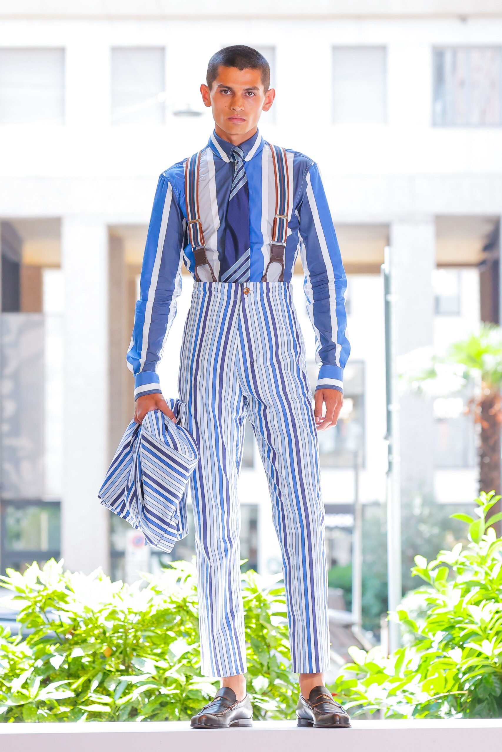 blue and white striped outfit