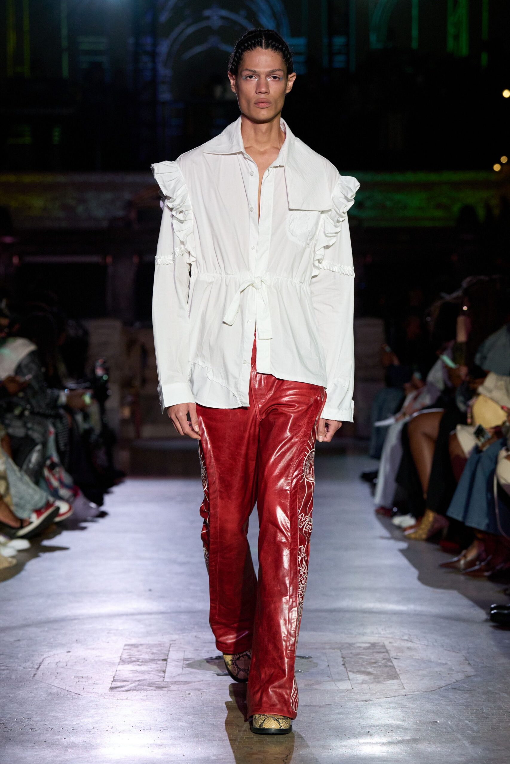 red leather fitted embroidered pants