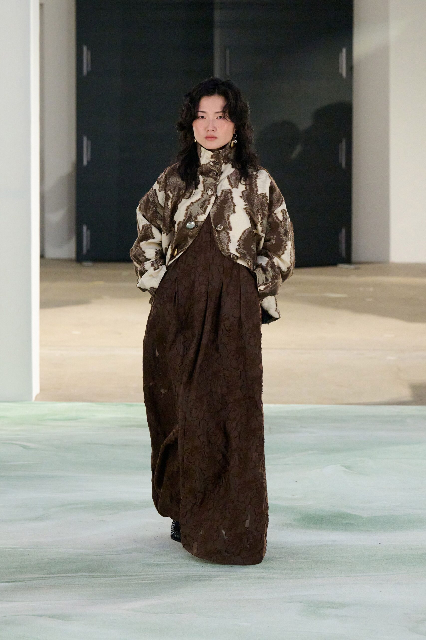 brown layered jacket and maxi dress