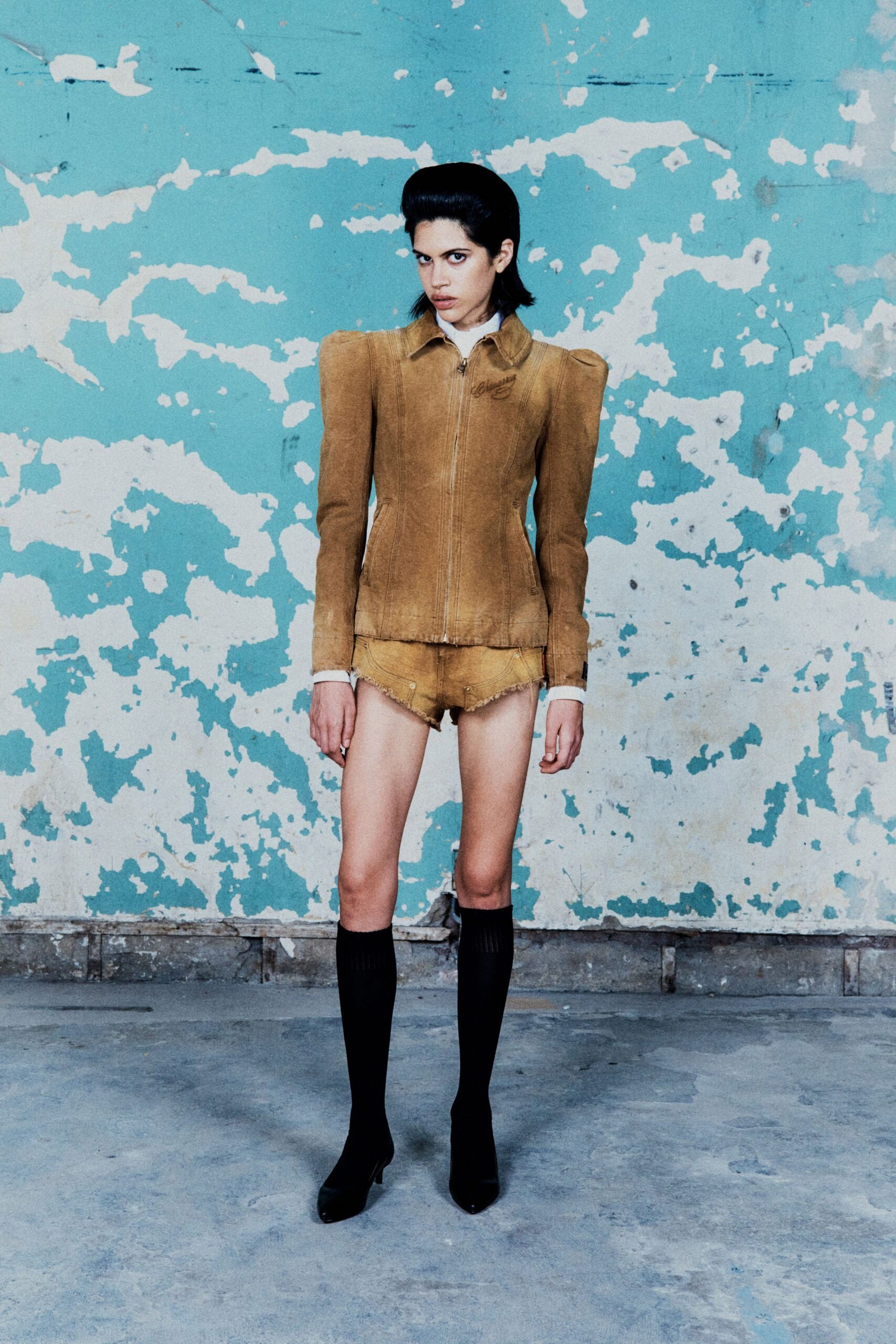 brown suede long-sleeve collared fitted zippered jacket