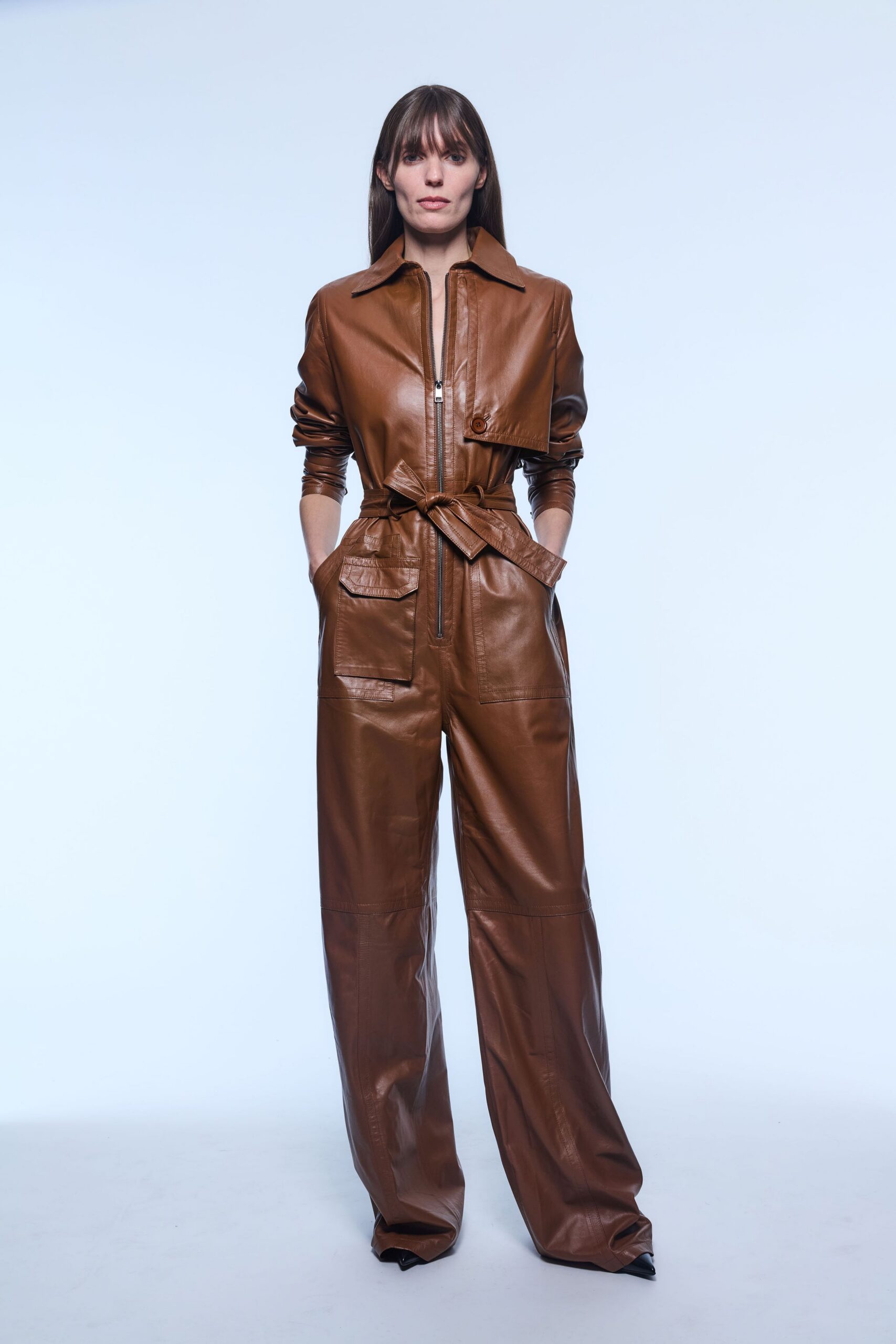 brown leather fitted jumpsuit