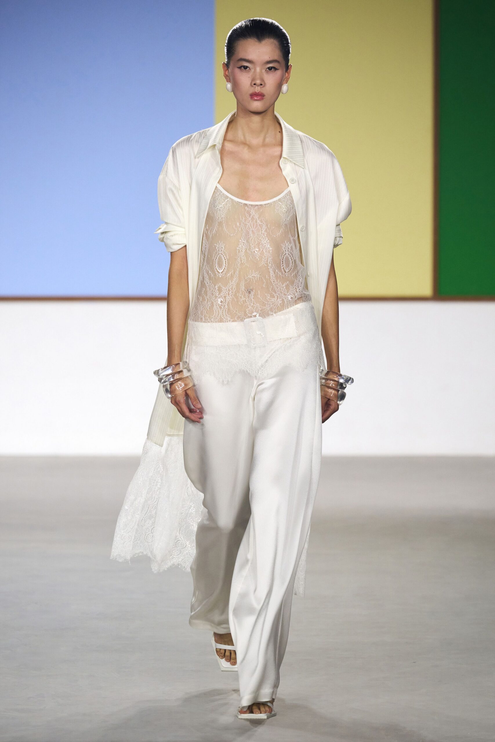 white lace top with relaxed pants