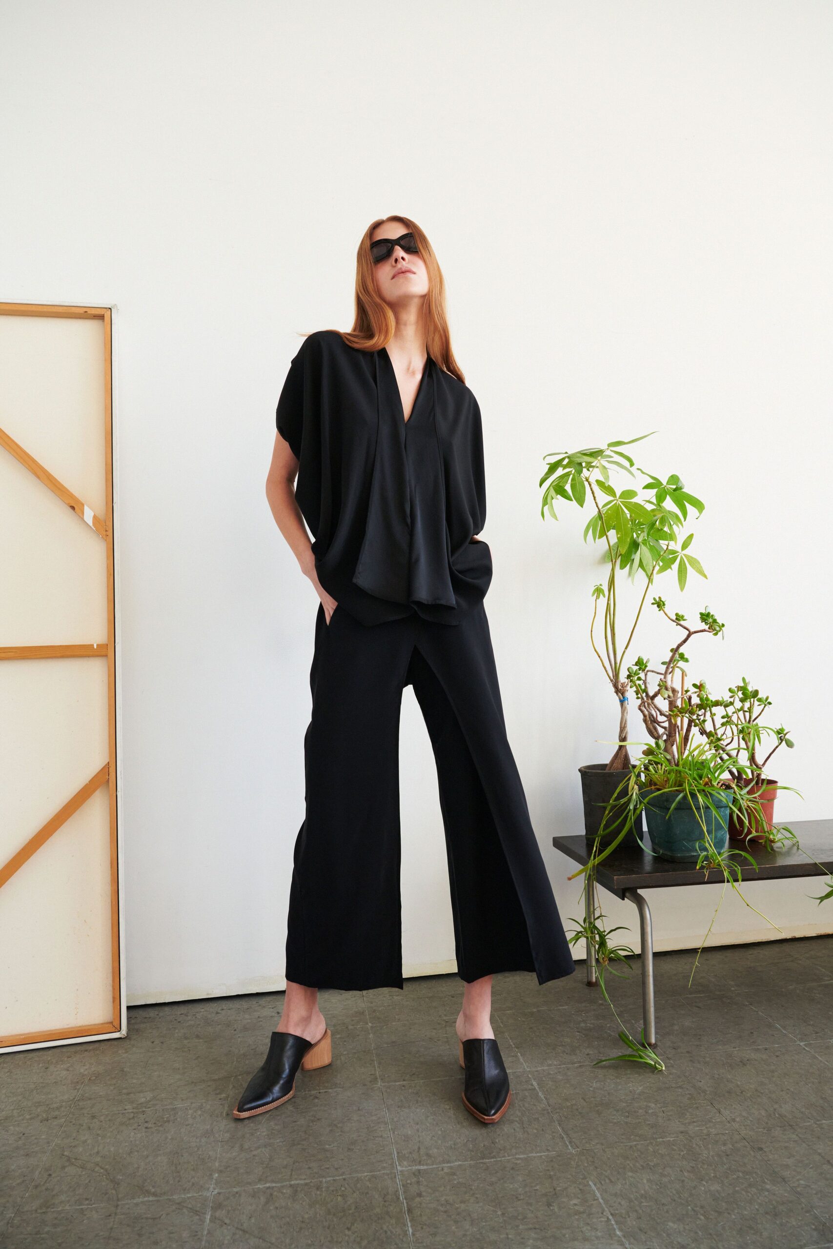black silk slit relaxed wide-leg pants