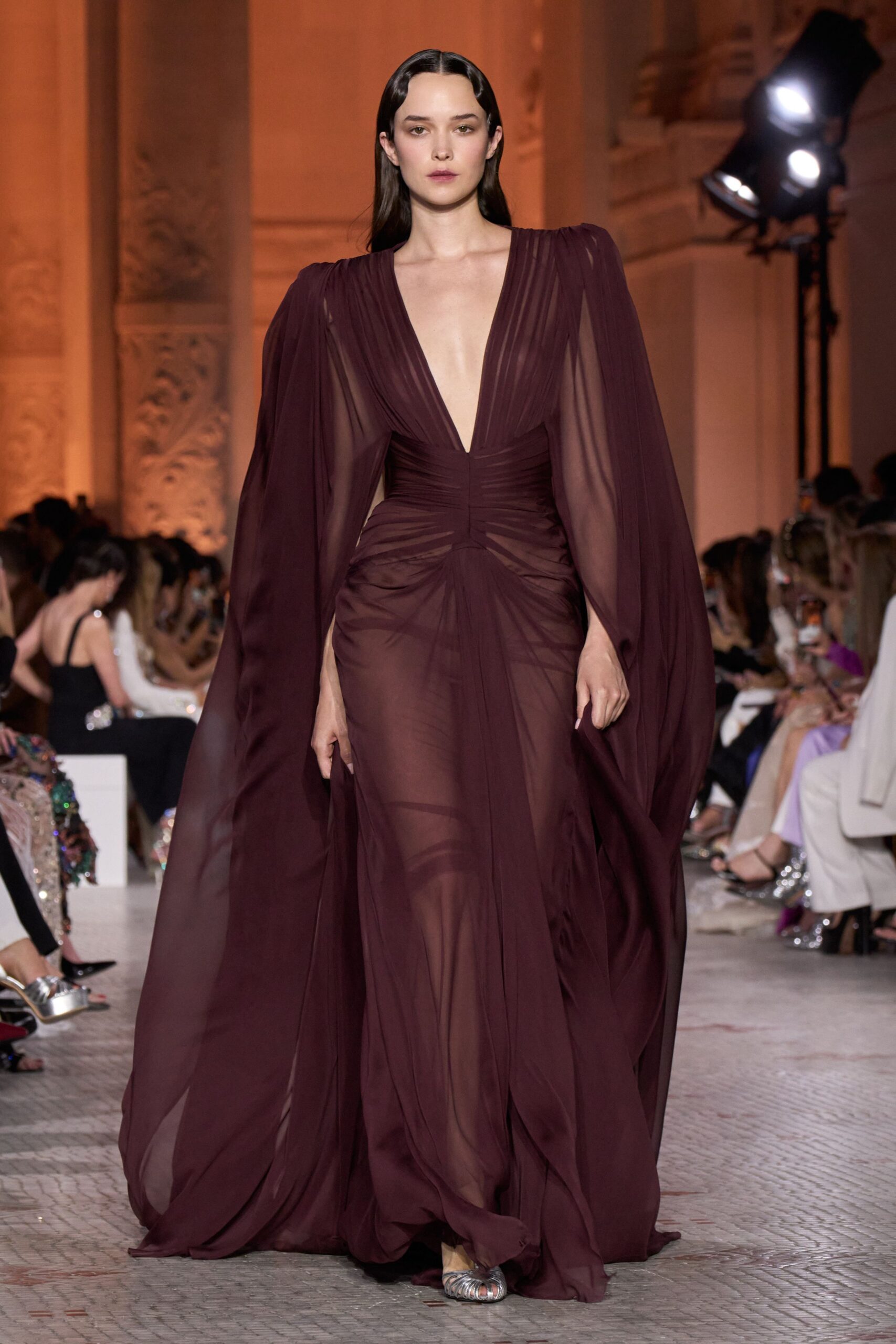 maroon silk v-neck gown