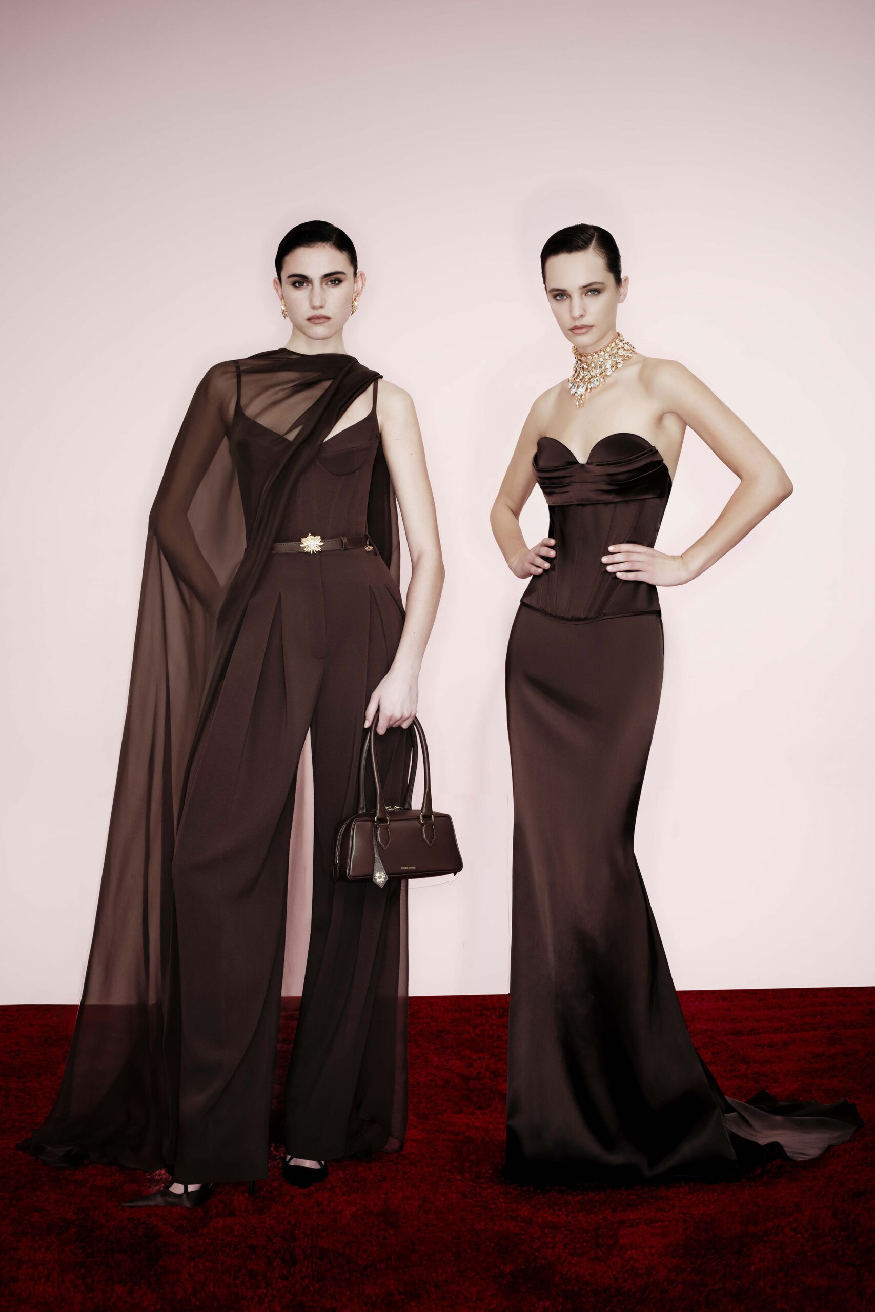 brown silk sleeveless v-neck fitted pleated sheer jumpsuit