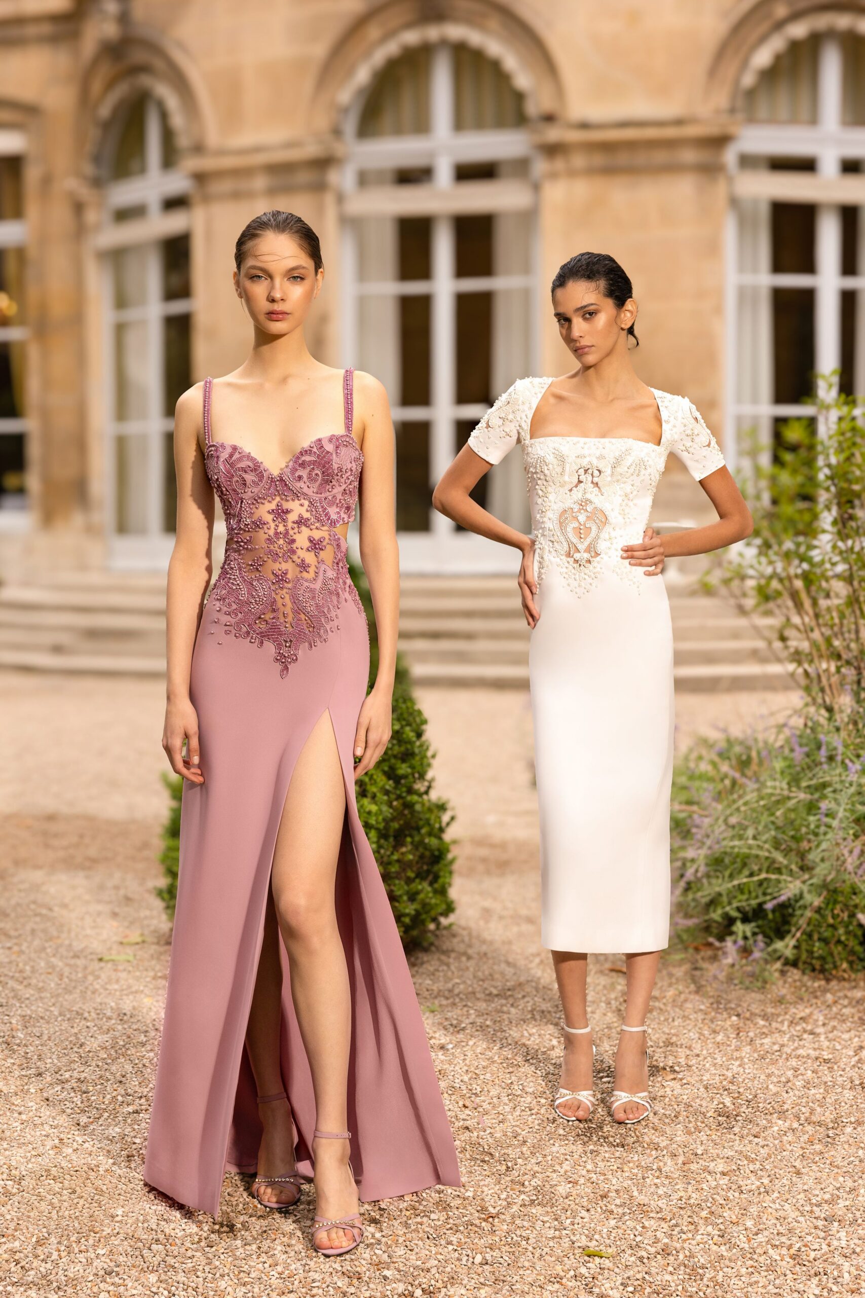 pink silk sleeveless v-neck fitted embroidered maxi gown