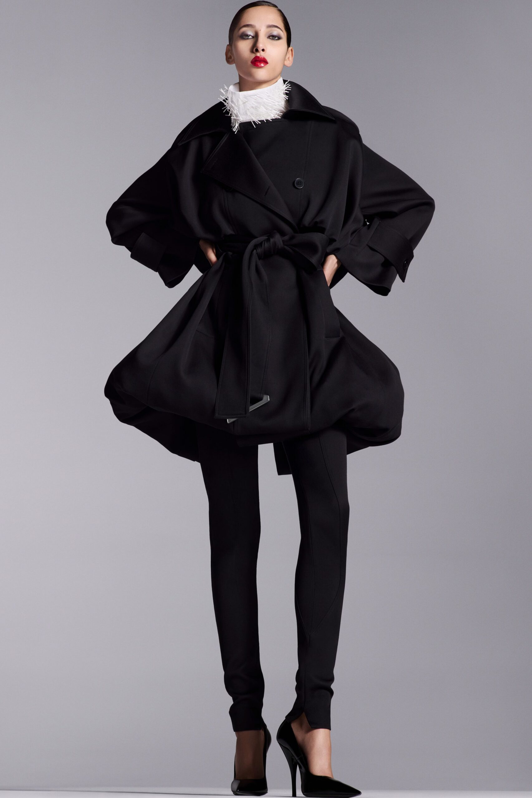 black wool long-sleeve collared relaxed belted coat