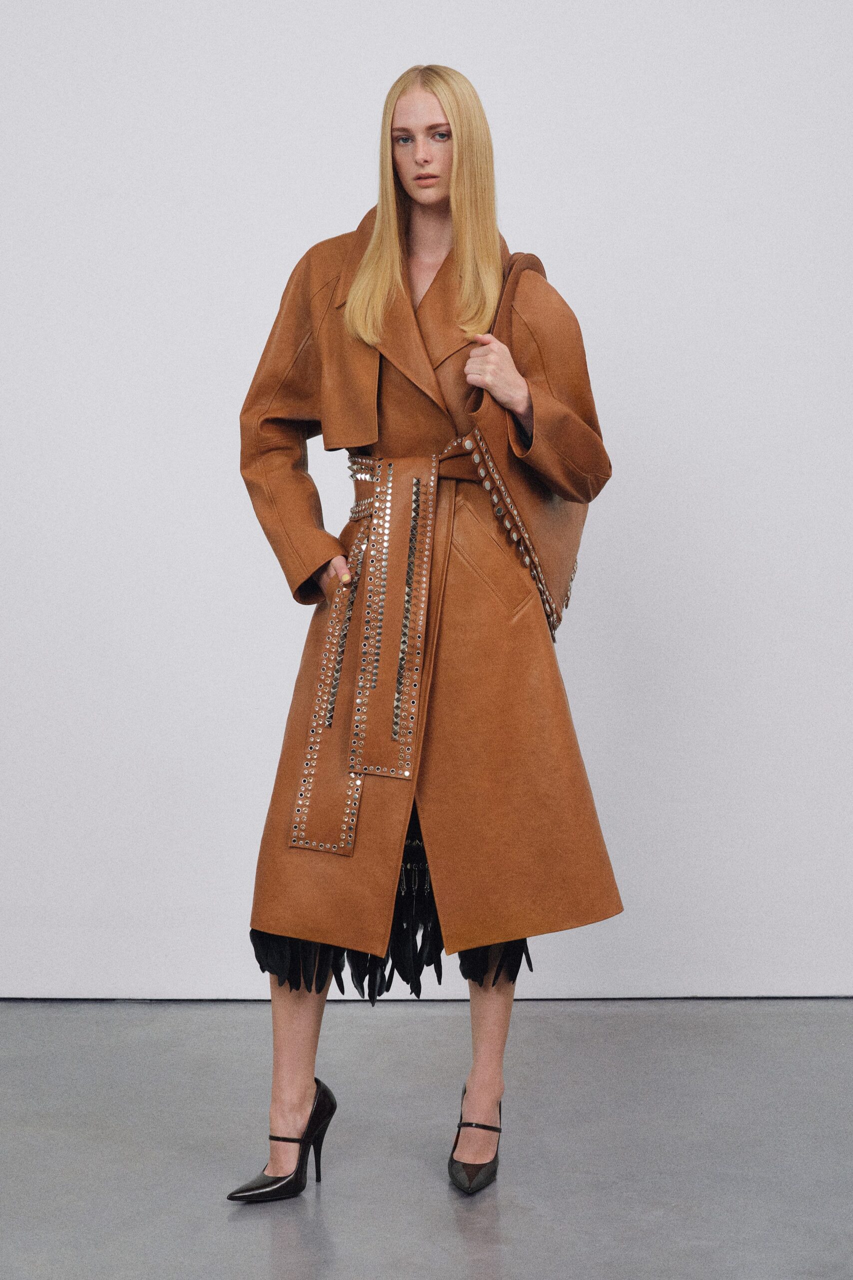 brown leather long-sleeve collared oversized belted maxi coat