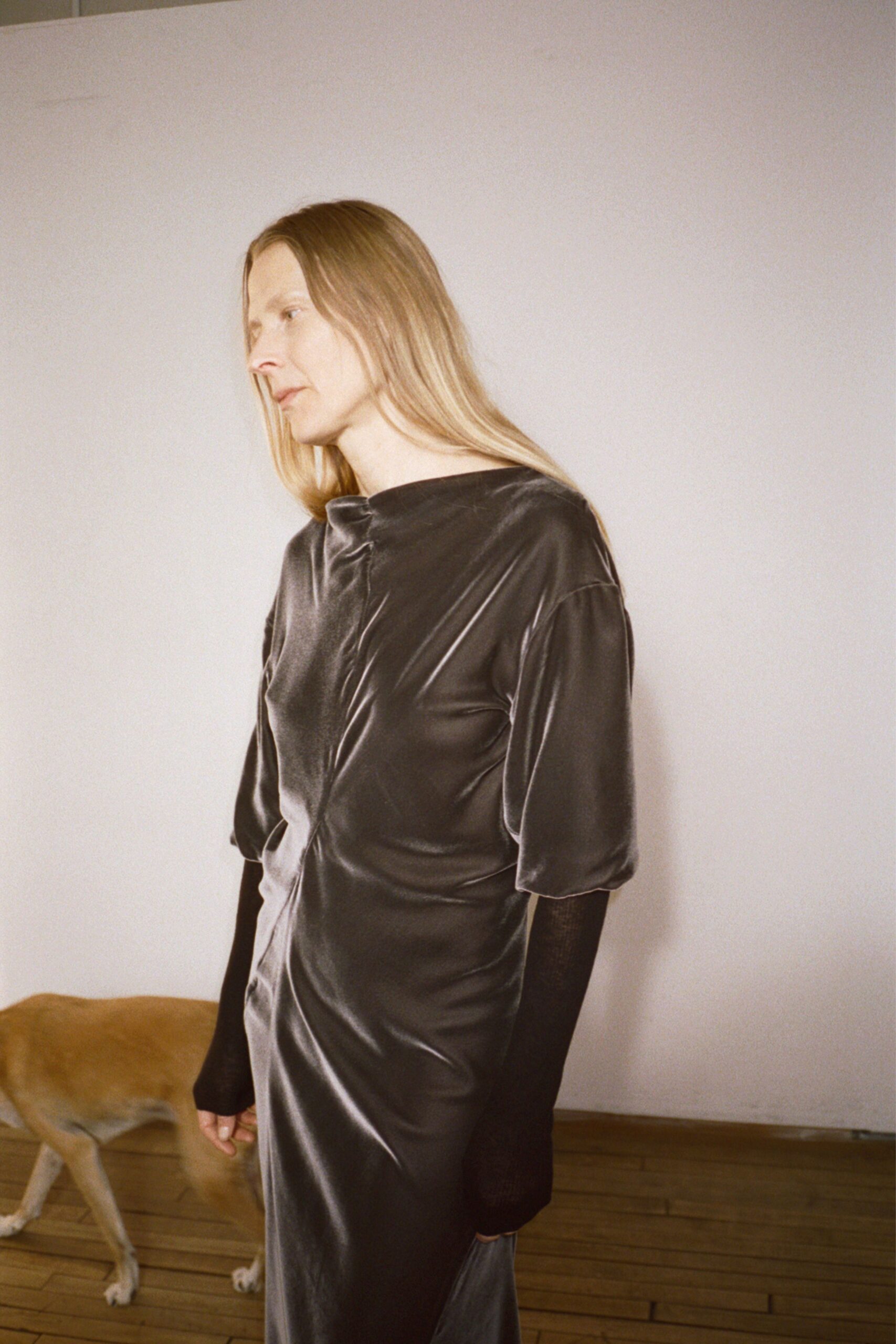 gray velvet short-sleeve high-neck fitted draped shiny dress