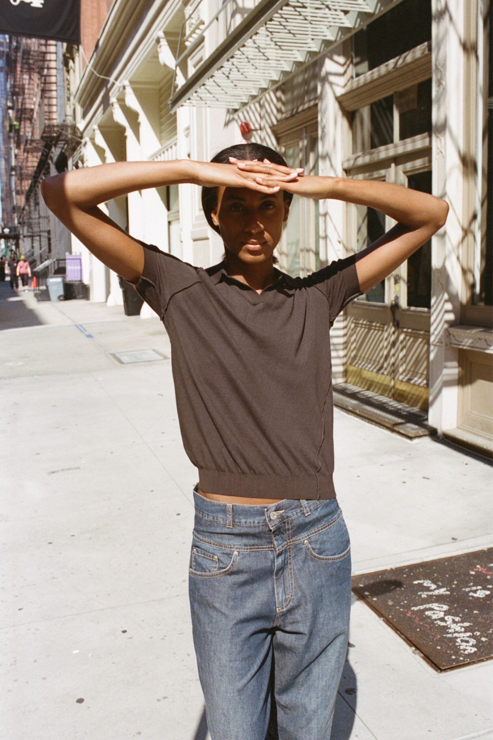 brown cotton short-sleeve collared fitted ruched cropped top