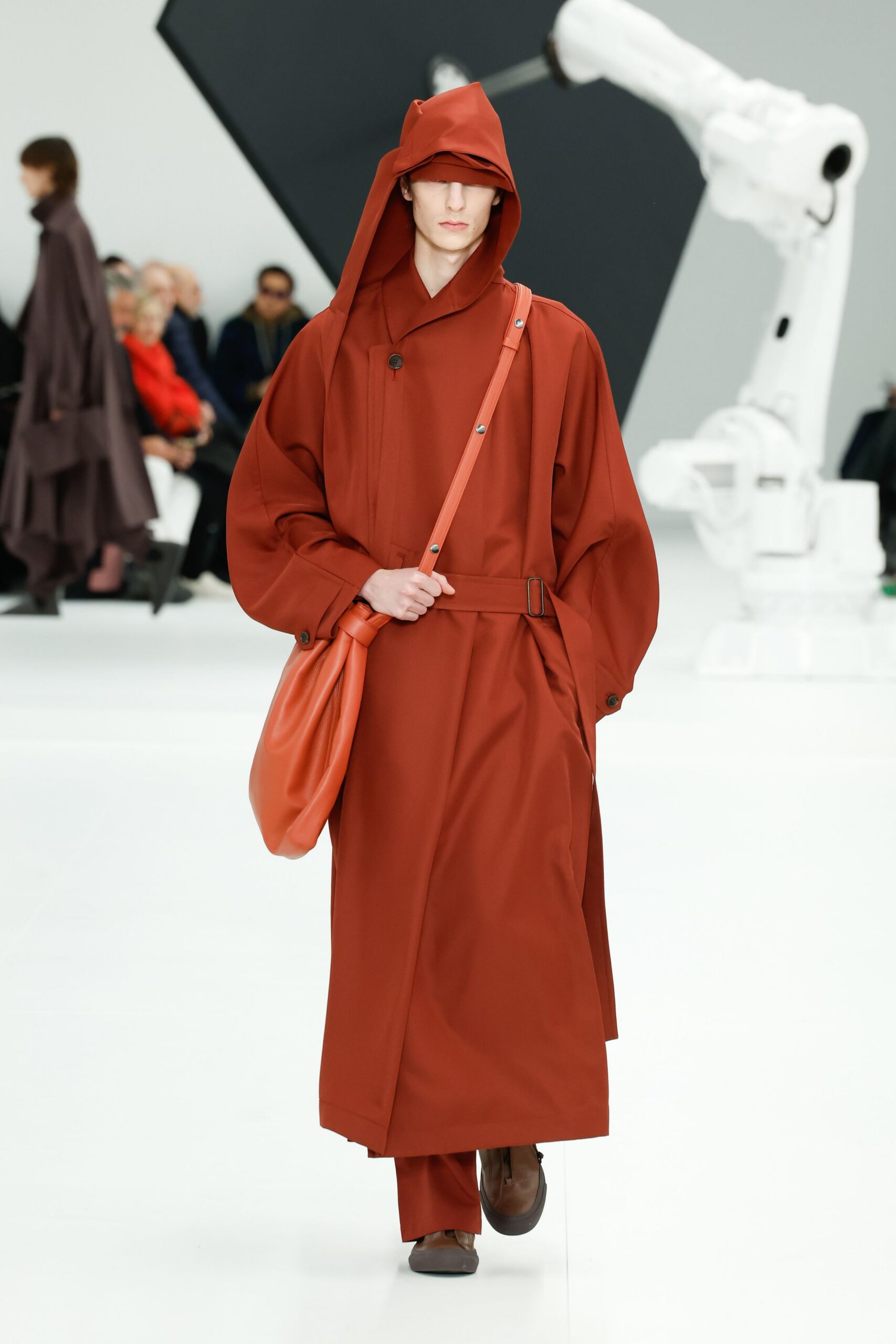 red cotton hooded long-sleeve relaxed belted maxi coat