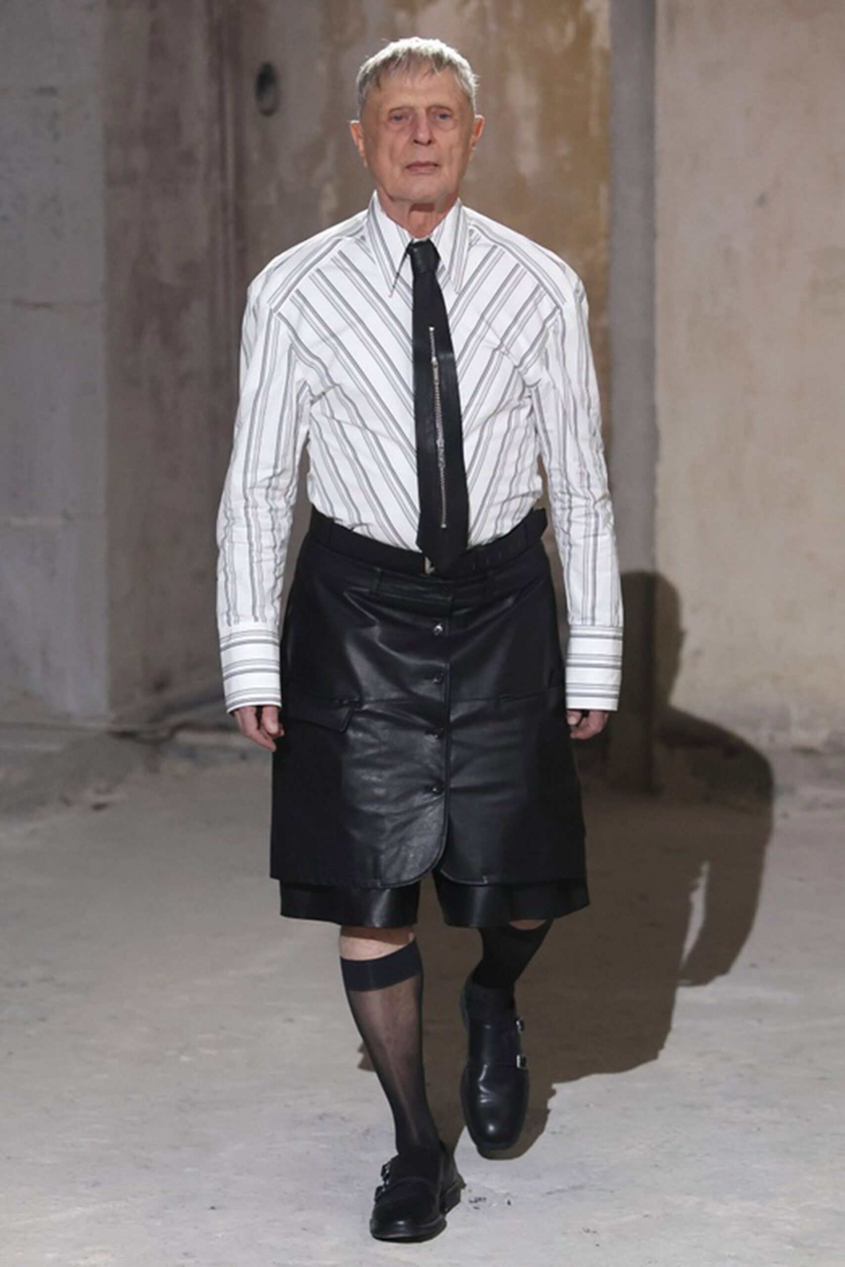black leather skirt with striped shirt