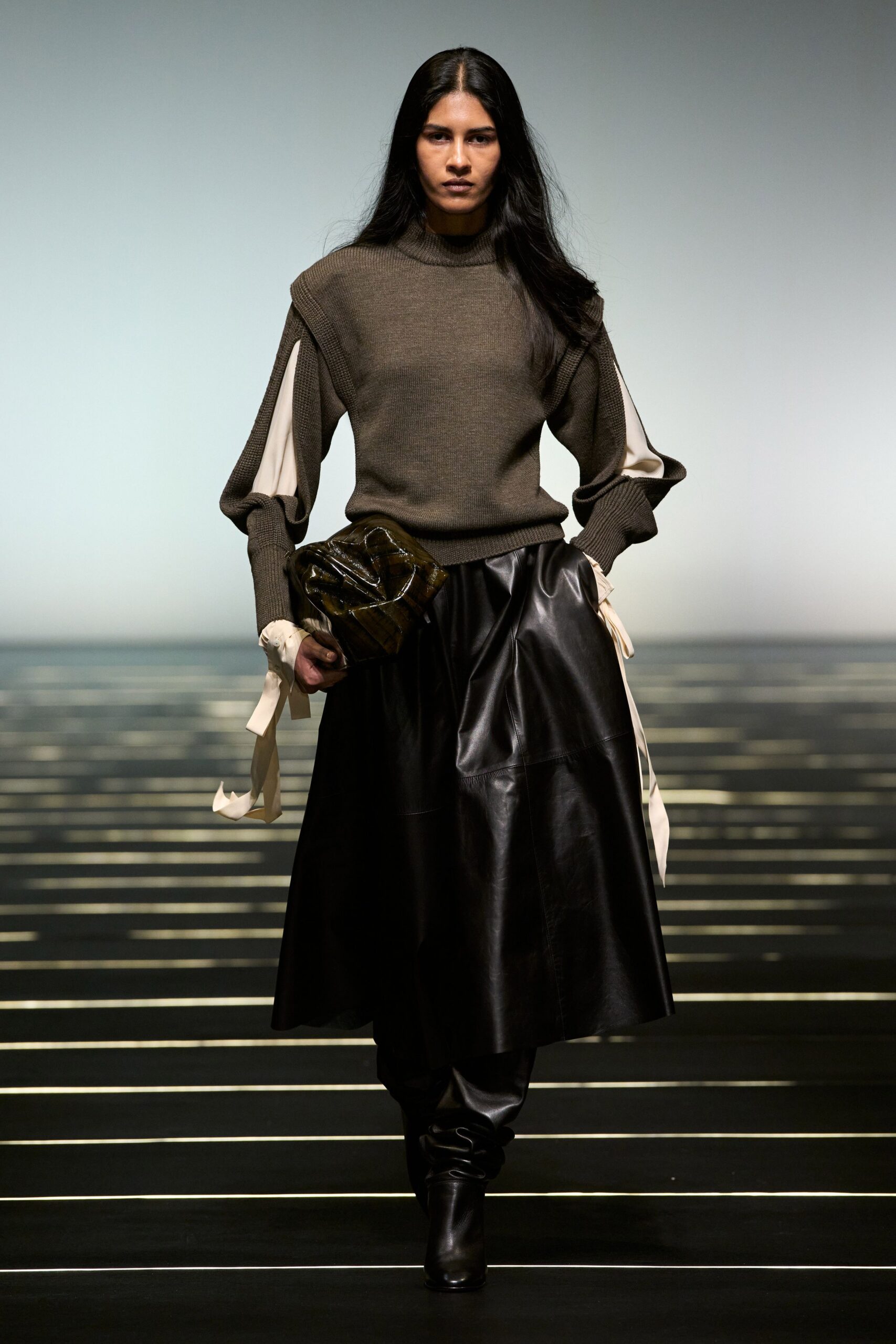 brown wool long-sleeve high-neck fitted layered top