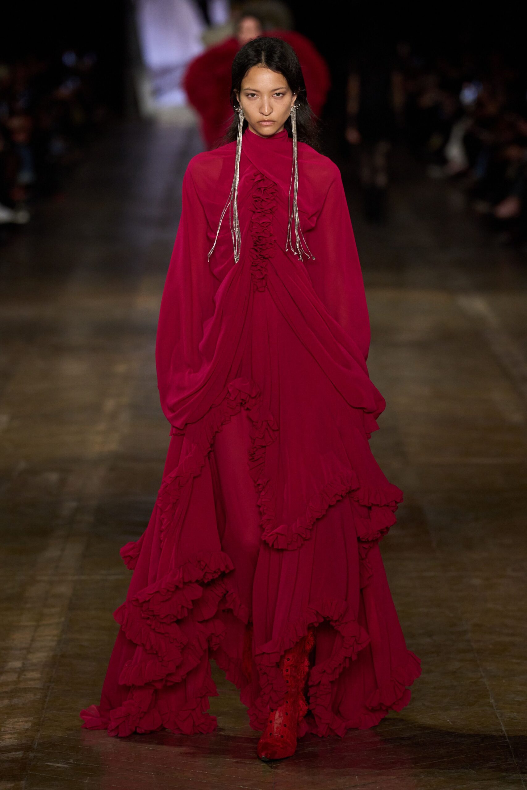 red chiffon long-sleeve high-neck relaxed ruffled layered gown