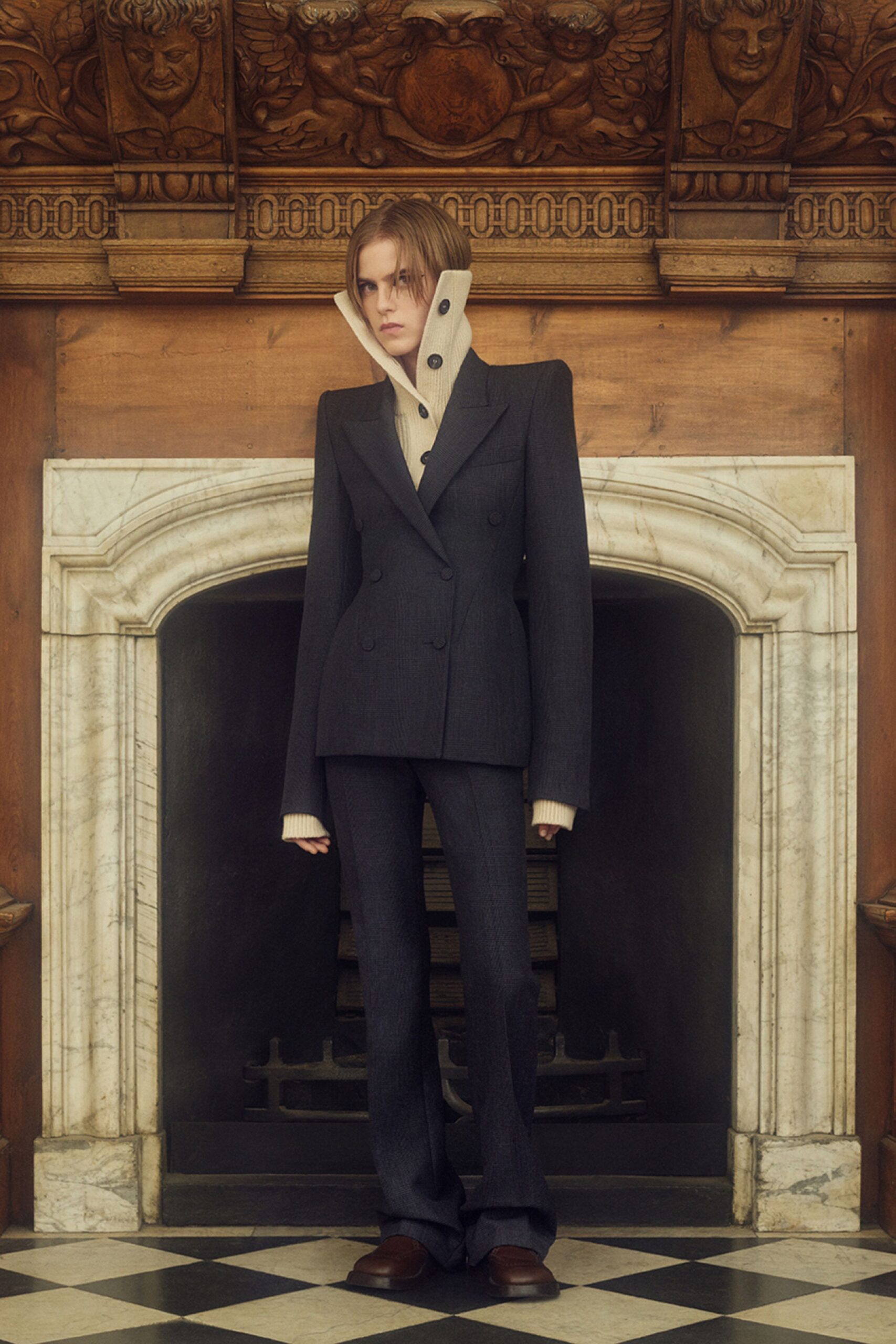 black wool long-sleeve collared tailored structured flared suit
