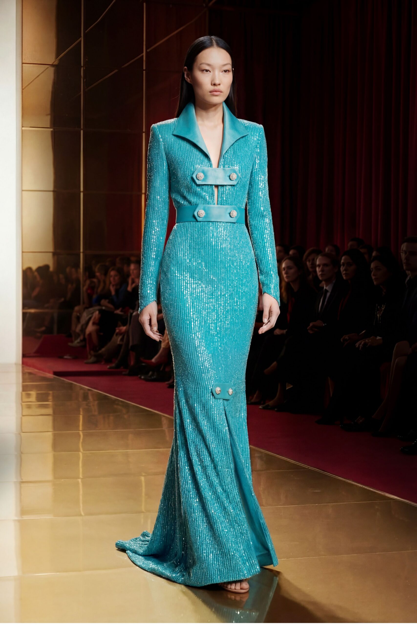 blue sequin long-sleeve collared fitted zippered buttoned gown