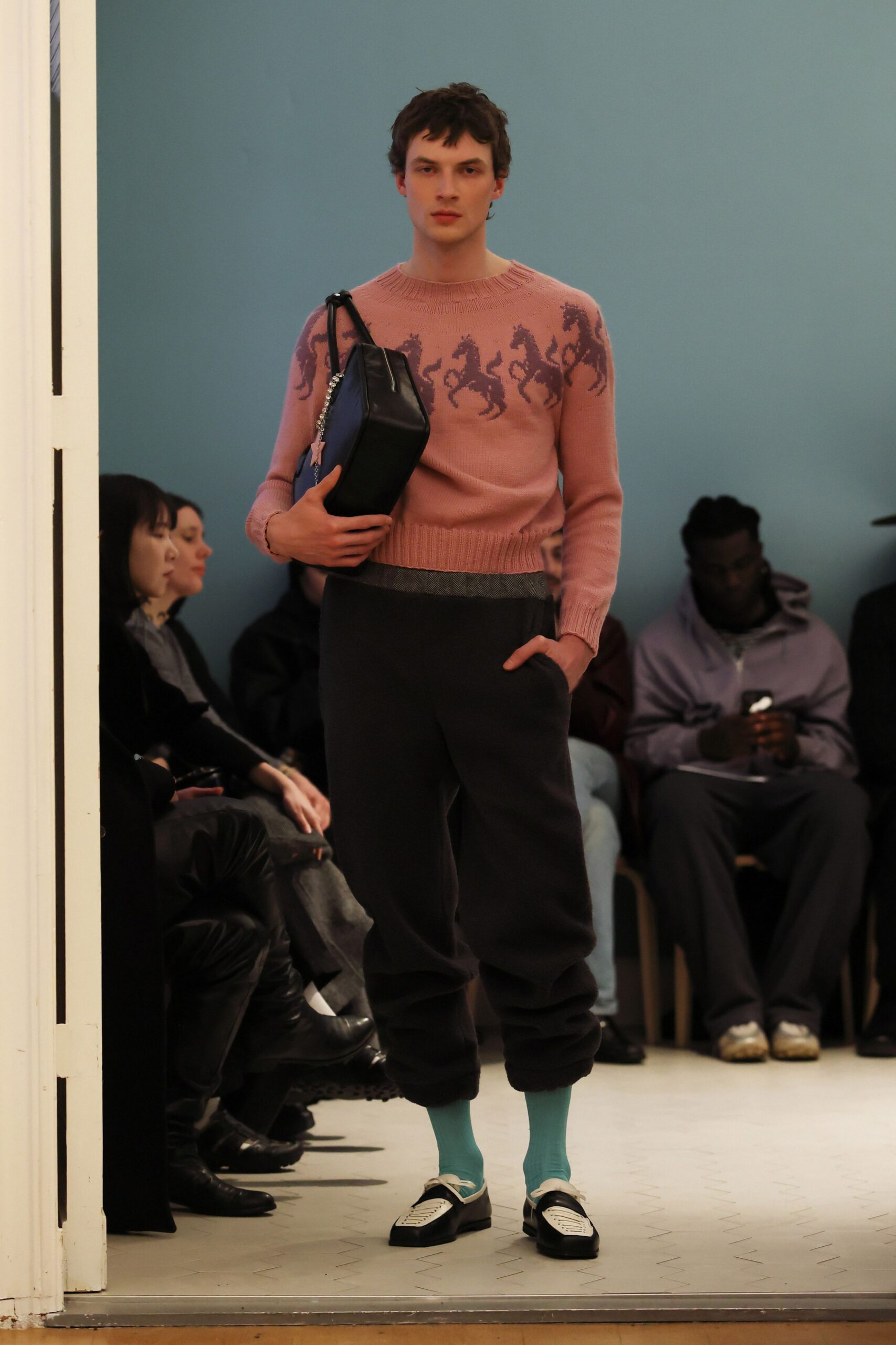 pink wool long-sleeve collared fitted embroidered sweater