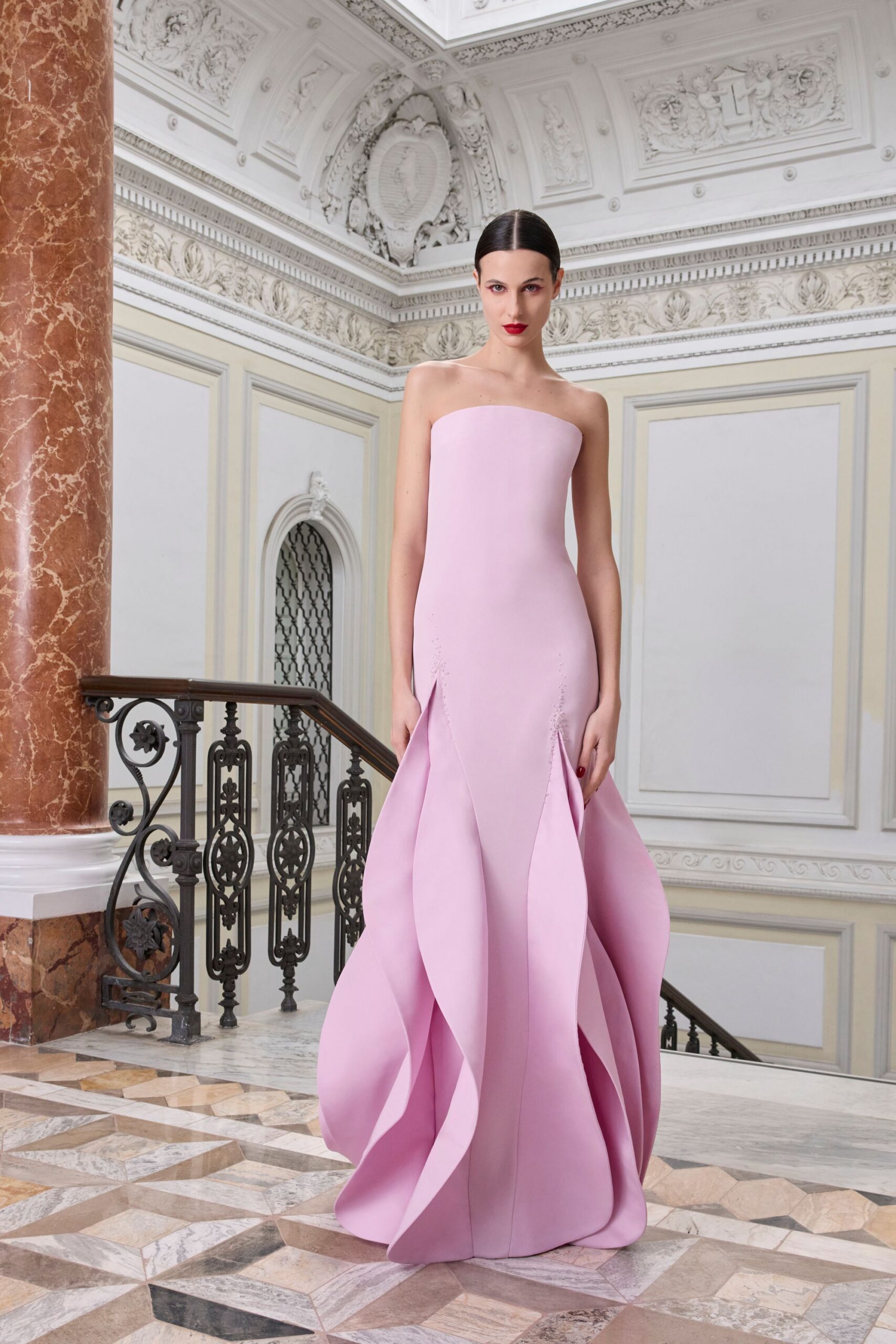 pink strapless flared gown