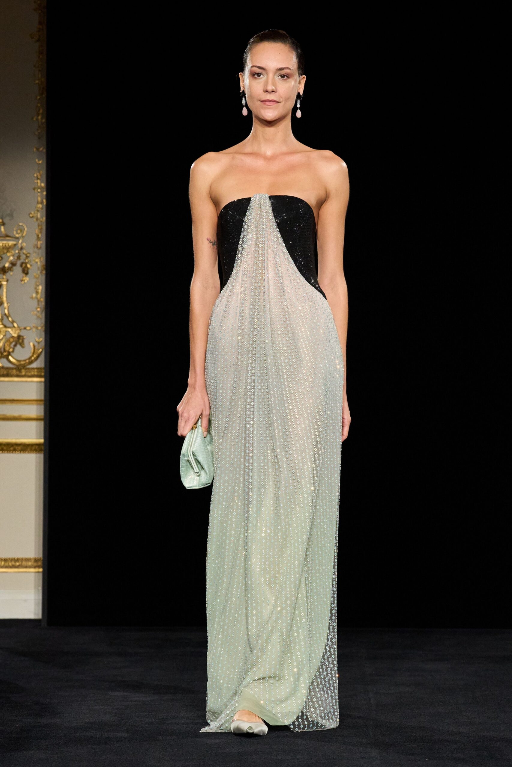 strapless black and white gown