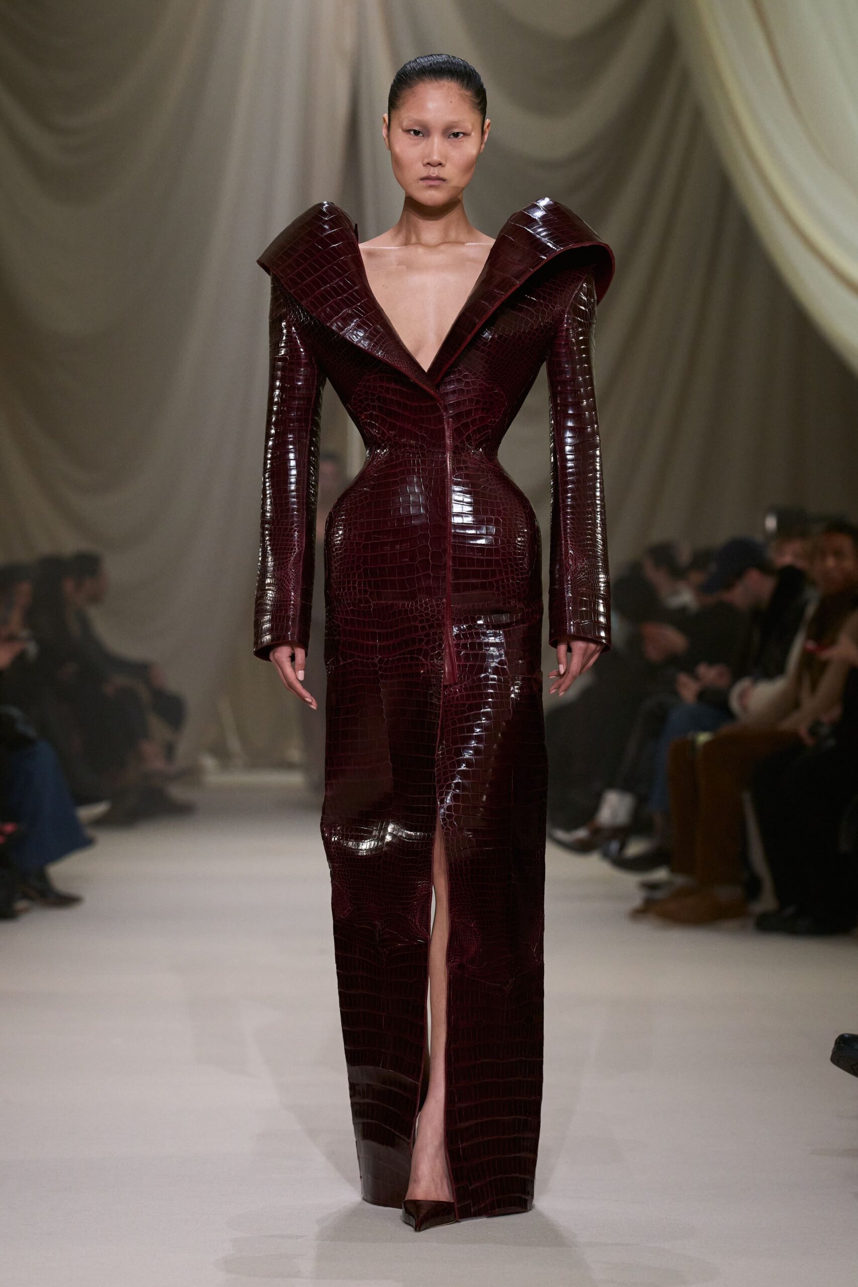 shiny maroon fitted gown