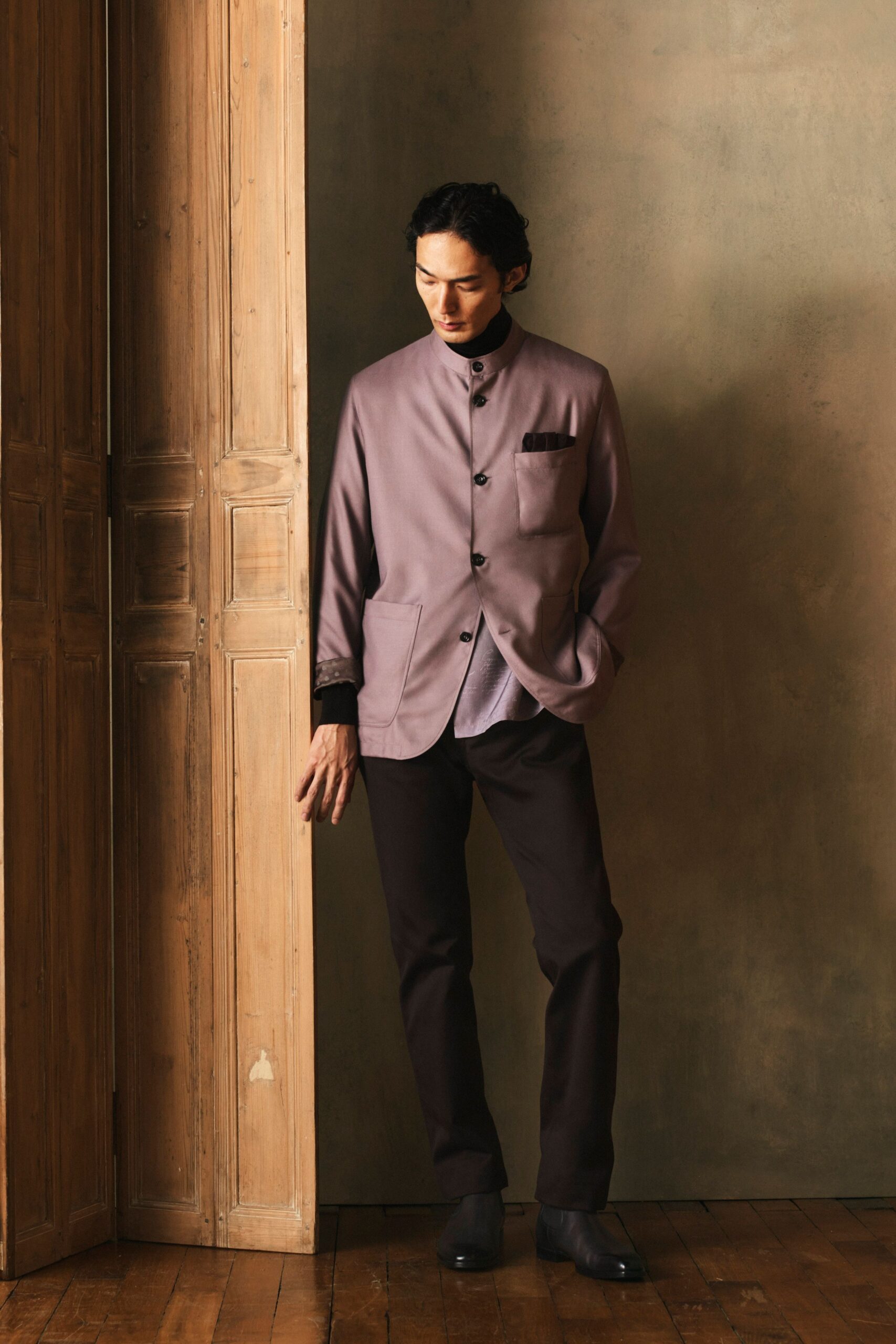 purple cotton long-sleeve collared structured buttoned jacket