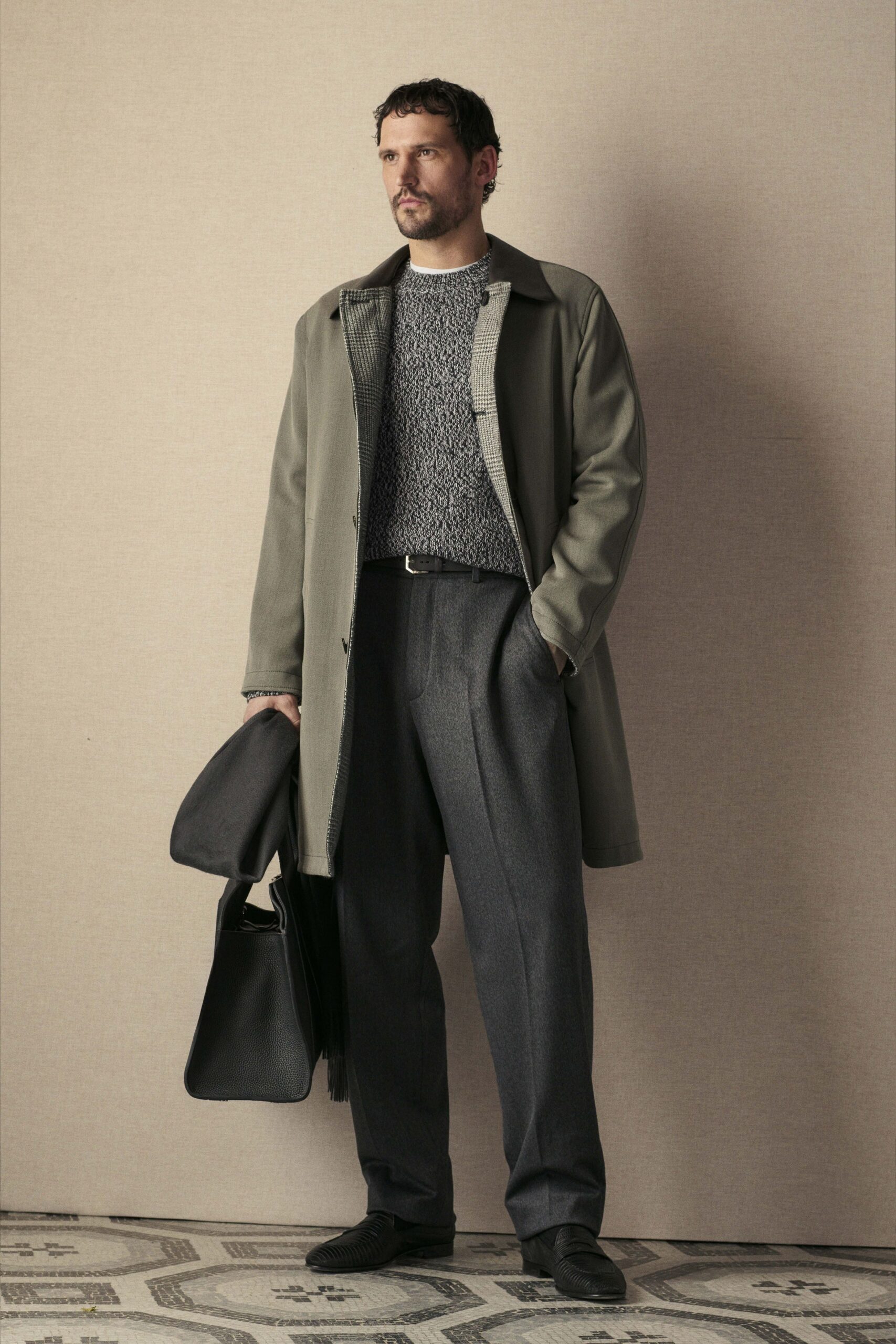 gray wool long-sleeve collared fitted textured sweater