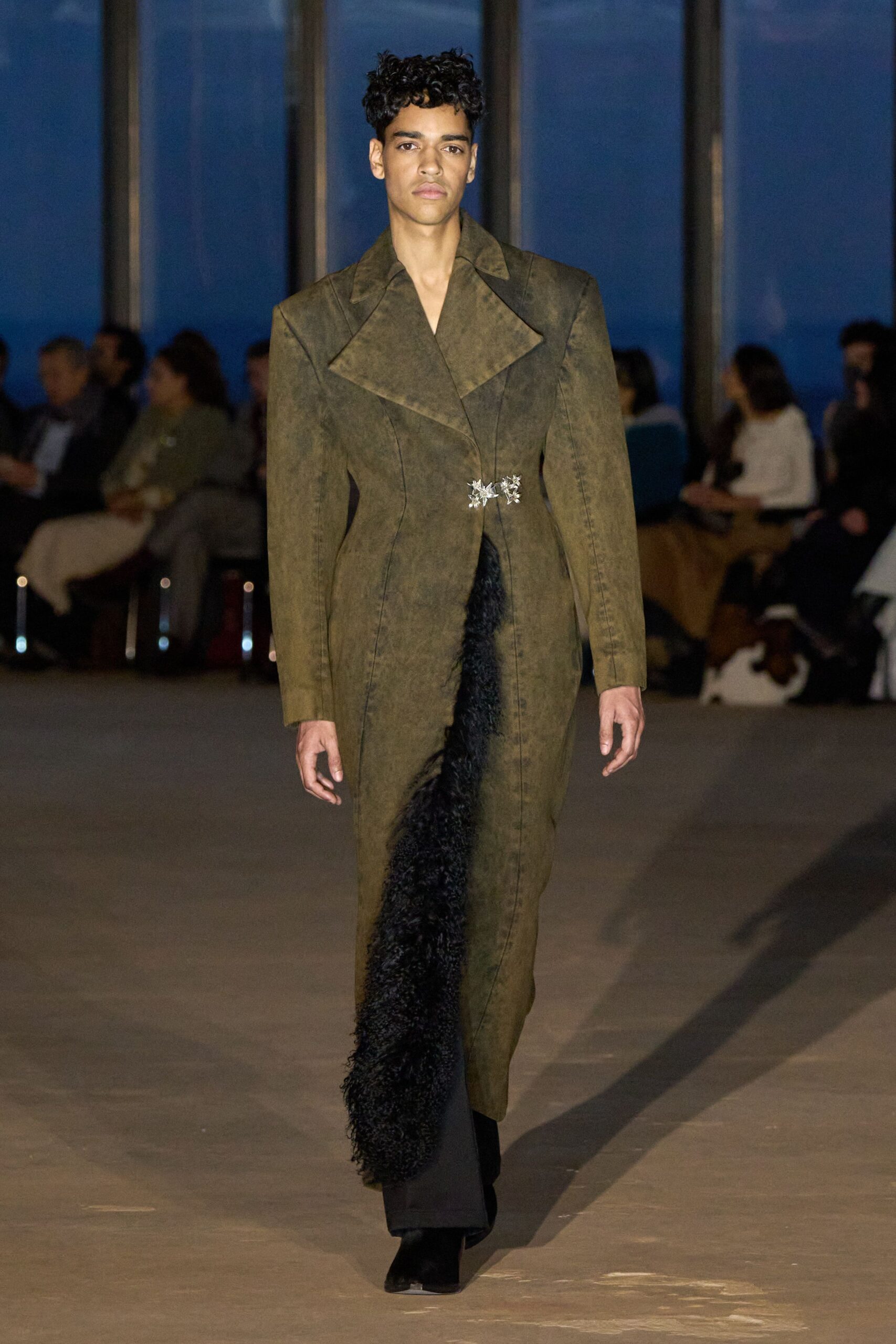 brown suede long-sleeve collared fitted belted draped coat