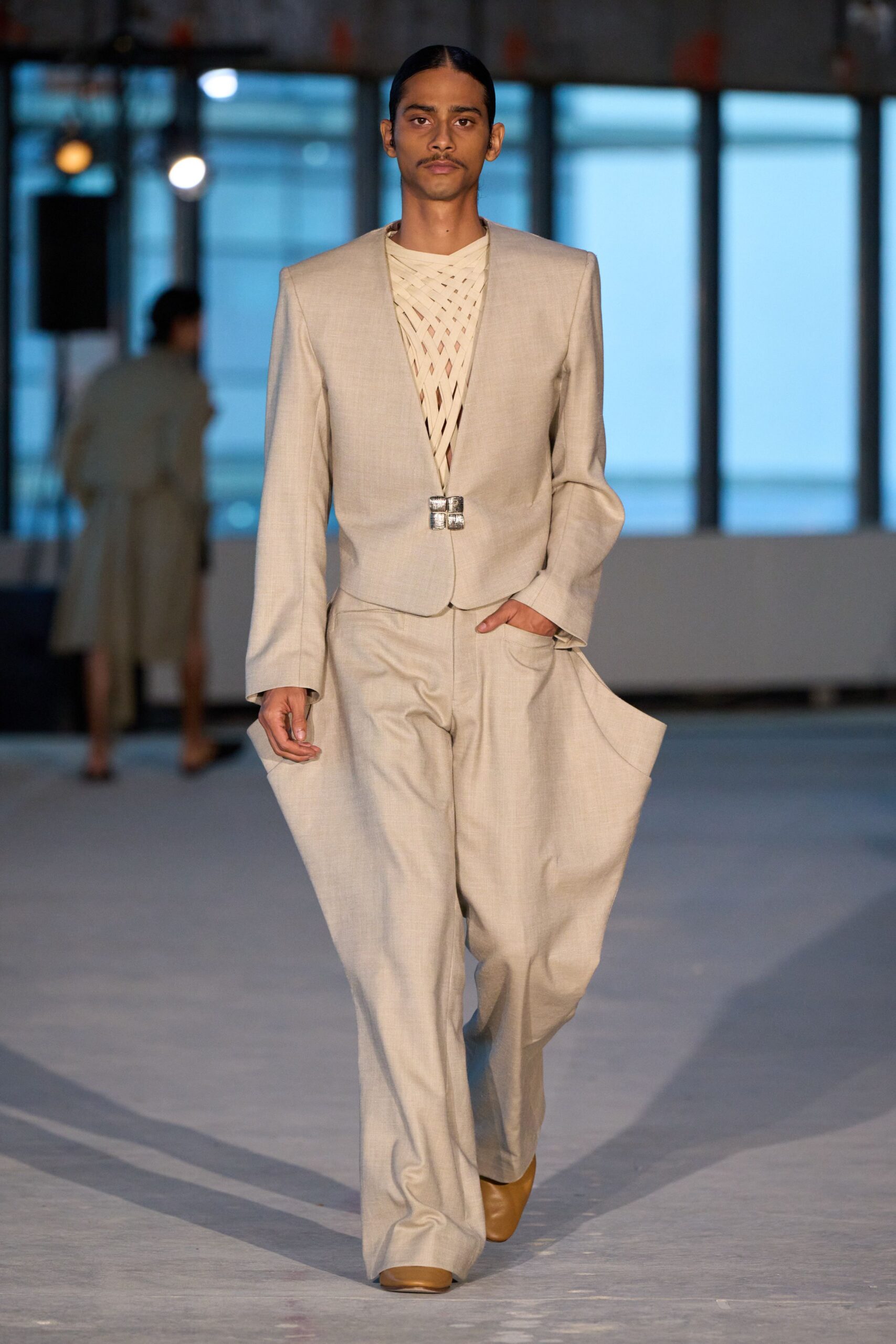 beige linen long-sleeve collared tailored buttoned pleated suit