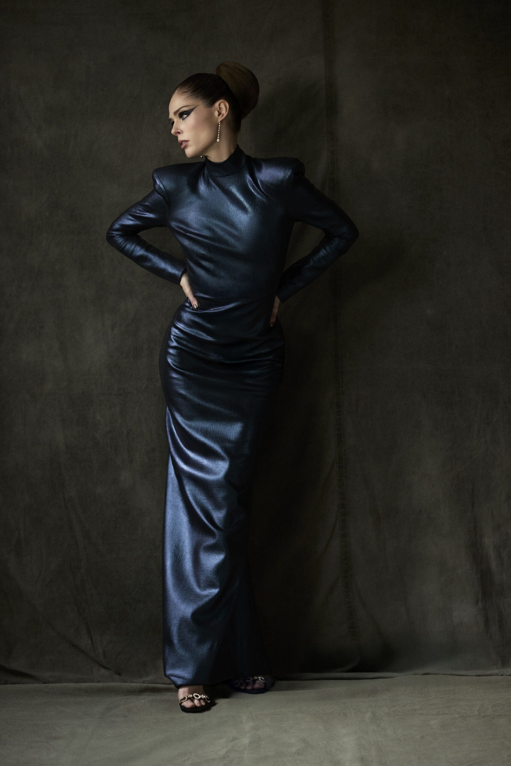 blue metallic long-sleeve high-neck fitted ruched shiny gown