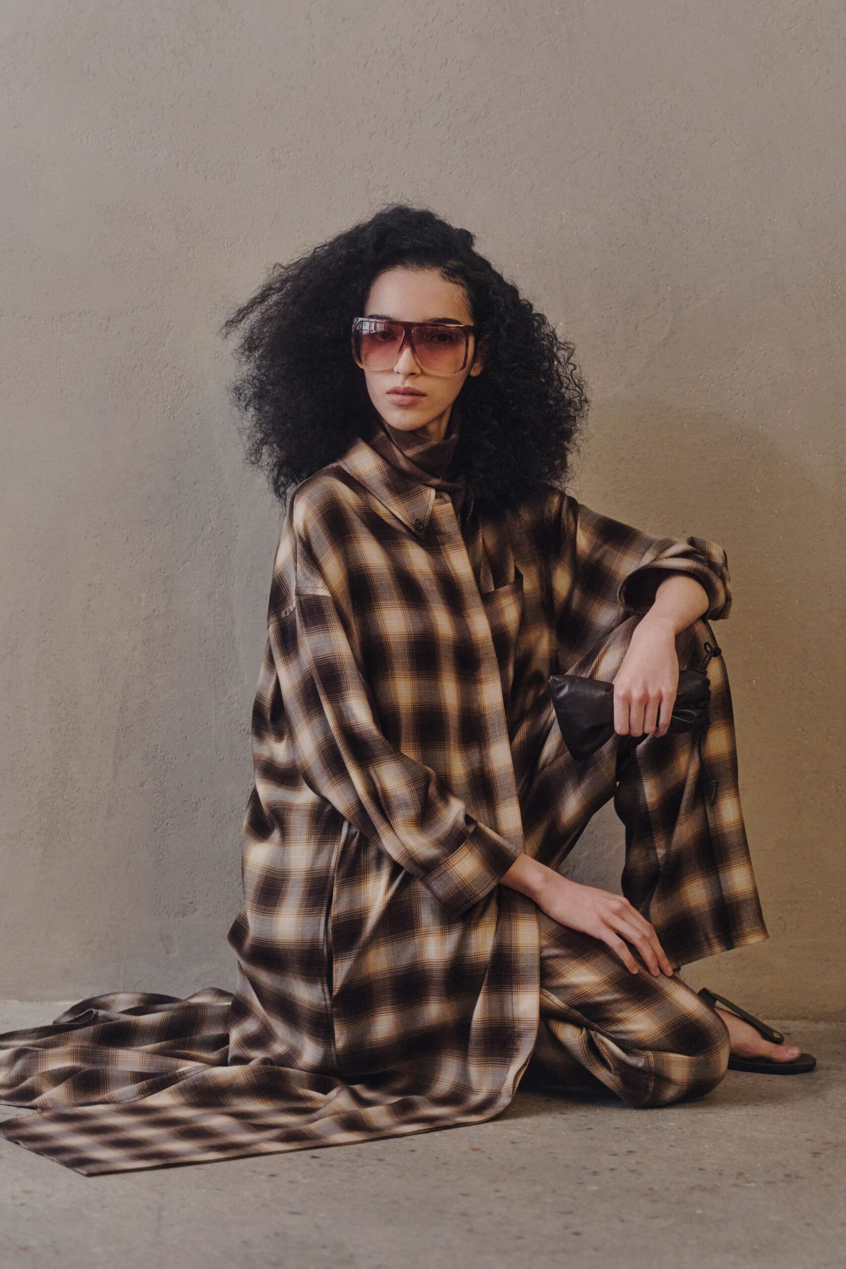 brown checked silk shirt and pants