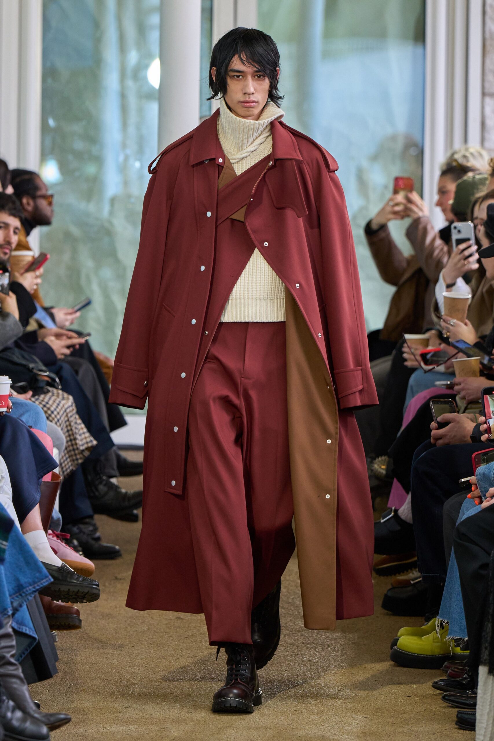 red wool long-sleeve collared relaxed buttoned maxi coat