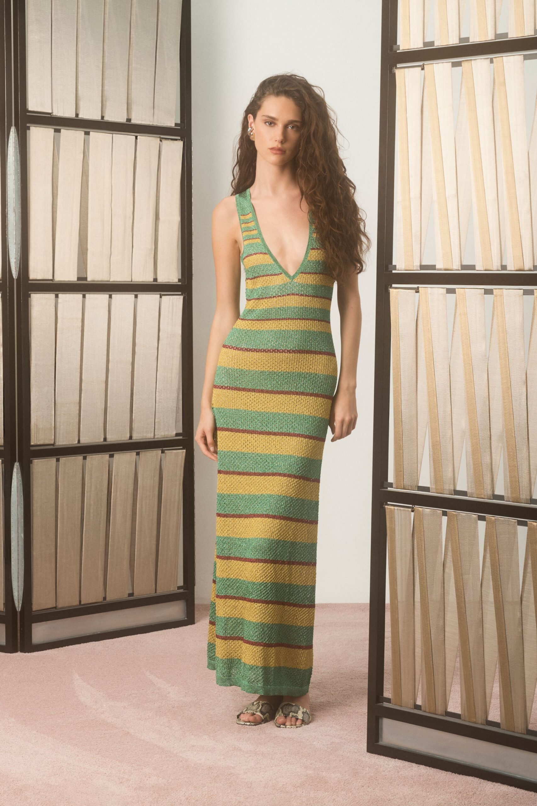 green and yellow striped maxi-dress