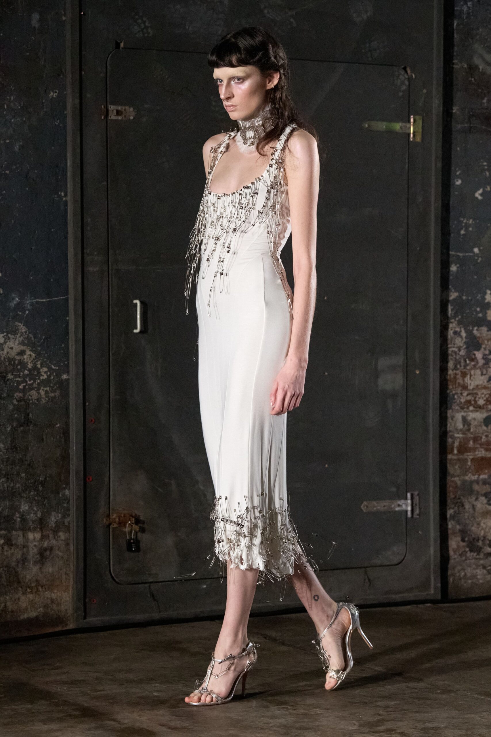 white beaded fringed midi dress with silver shoes
