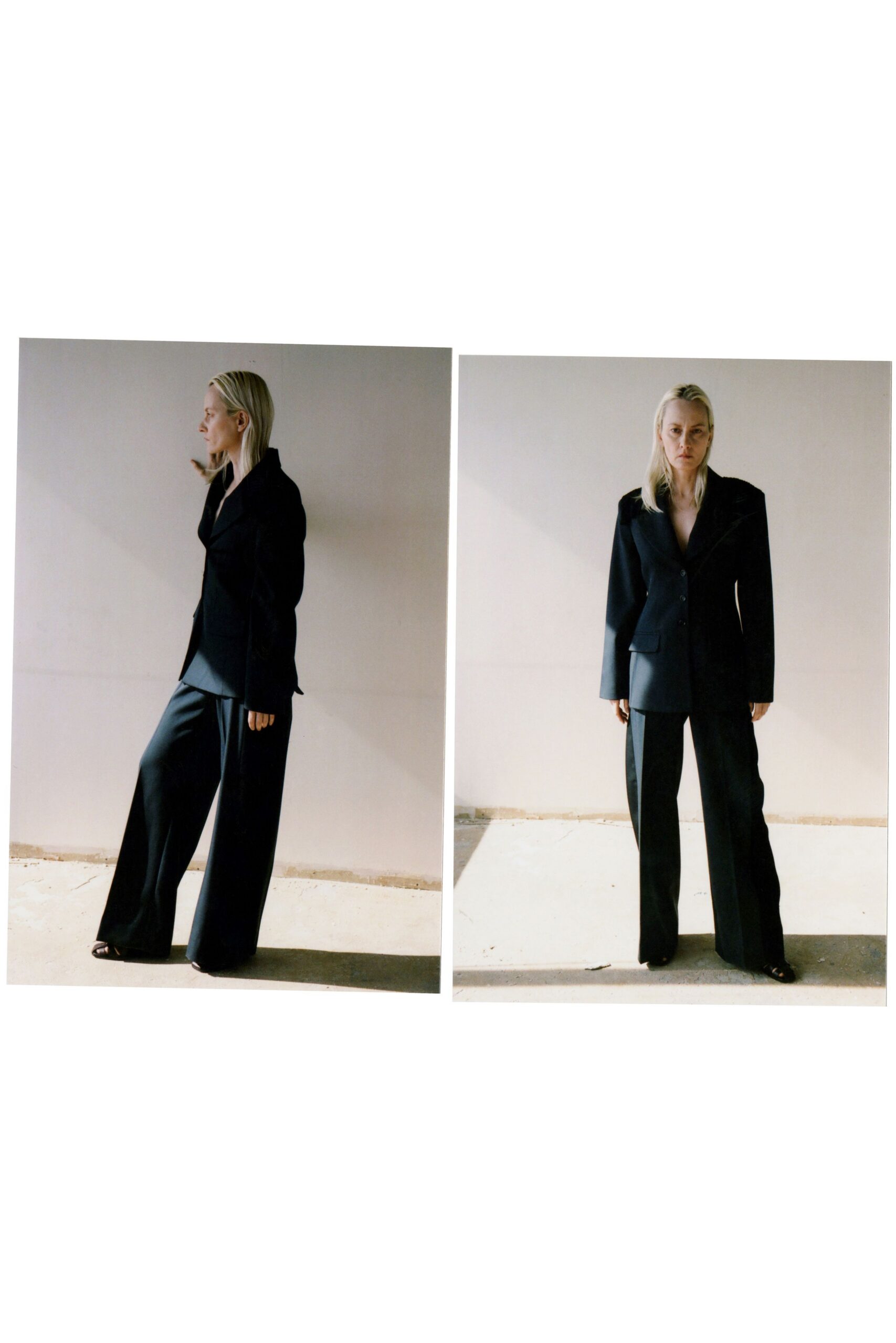 black tailored blazer and relaxed pants
