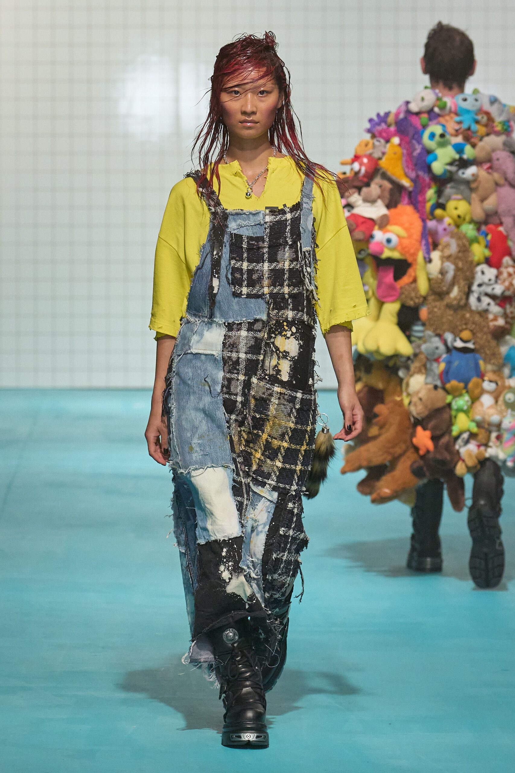 blue denim long-sleeve relaxed distressed patchwork overalls