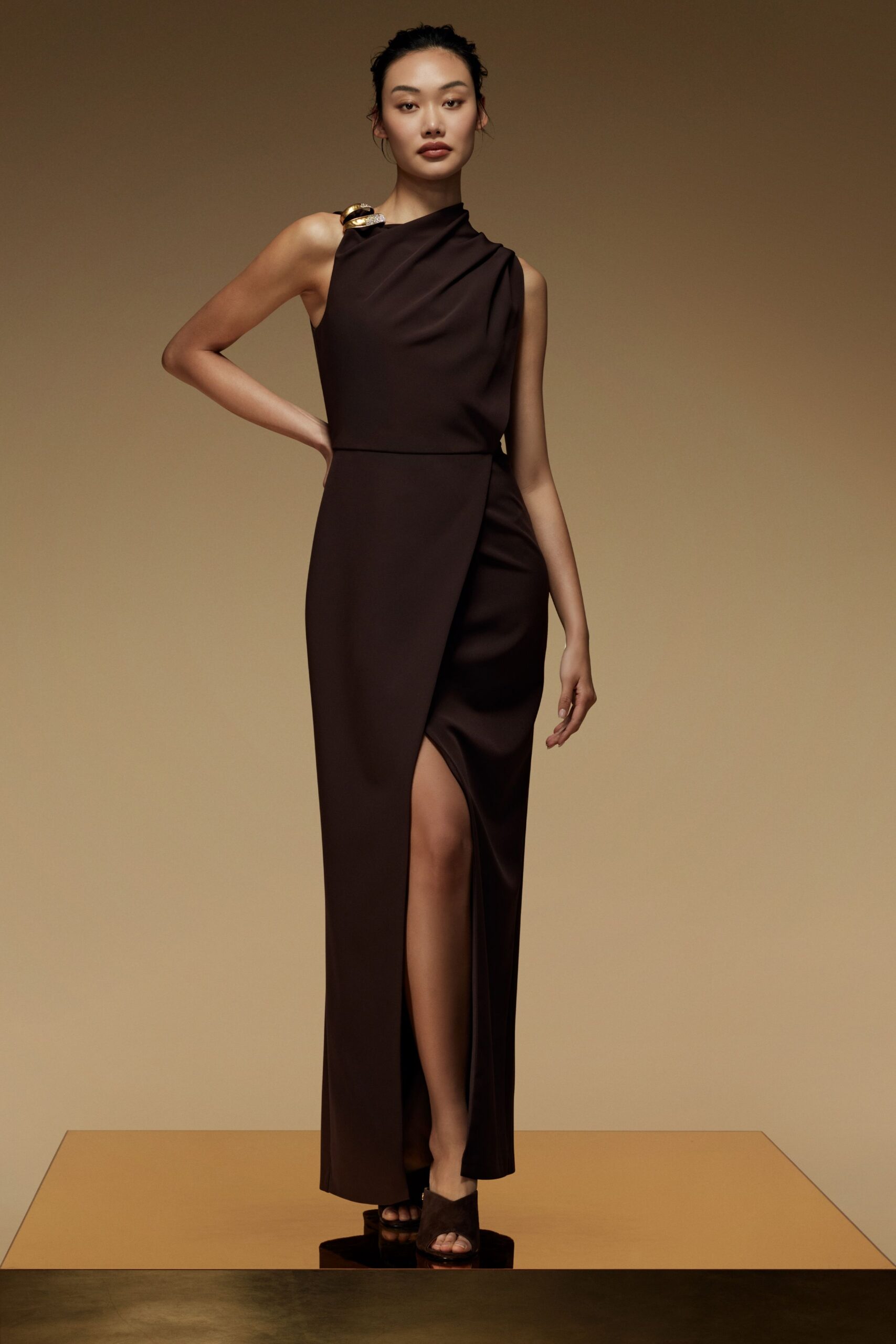 brown silk sleeveless high-neck fitted draped maxi gown