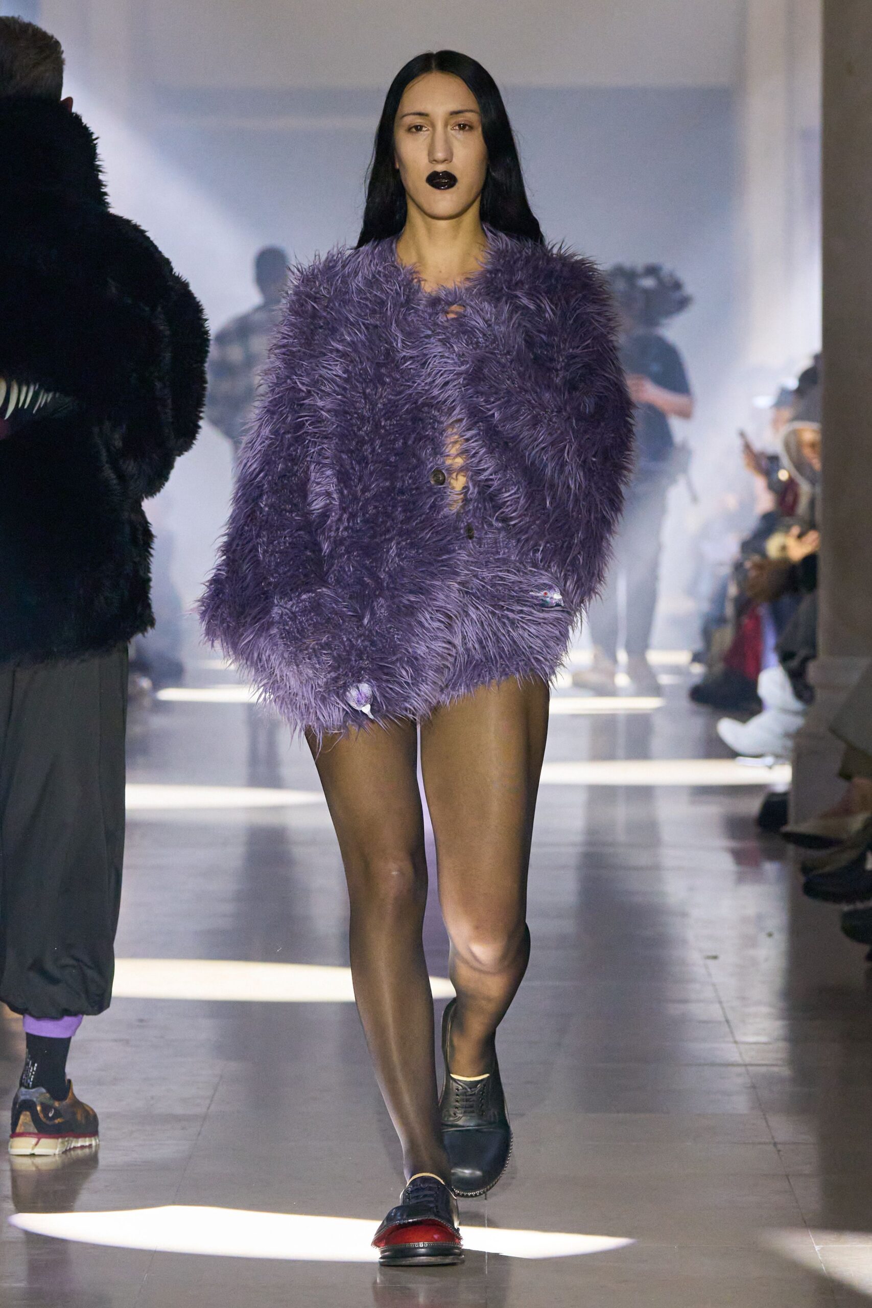 purple fur top with shorts
