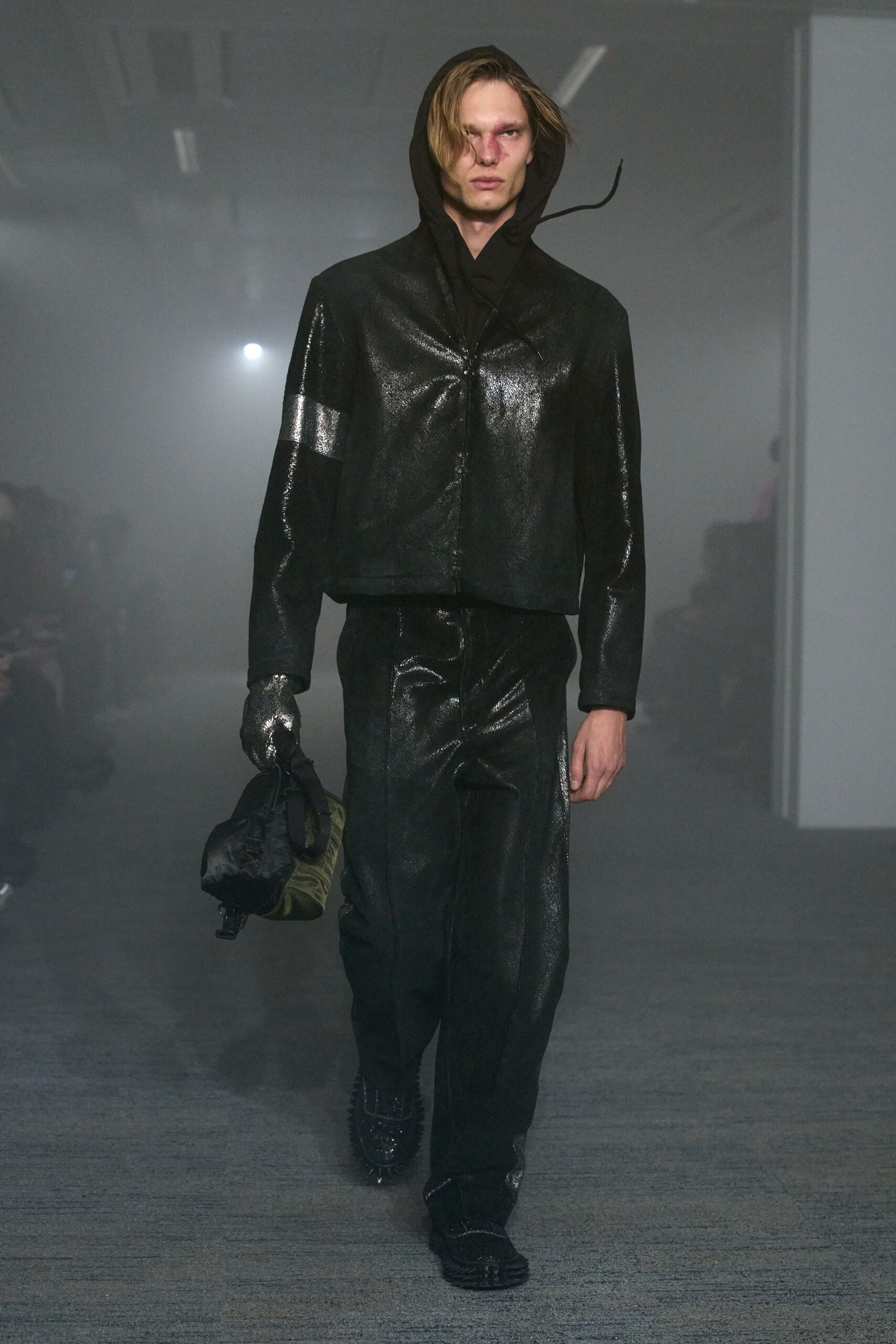black vinyl long-sleeve hooded structured zippered shiny jacket